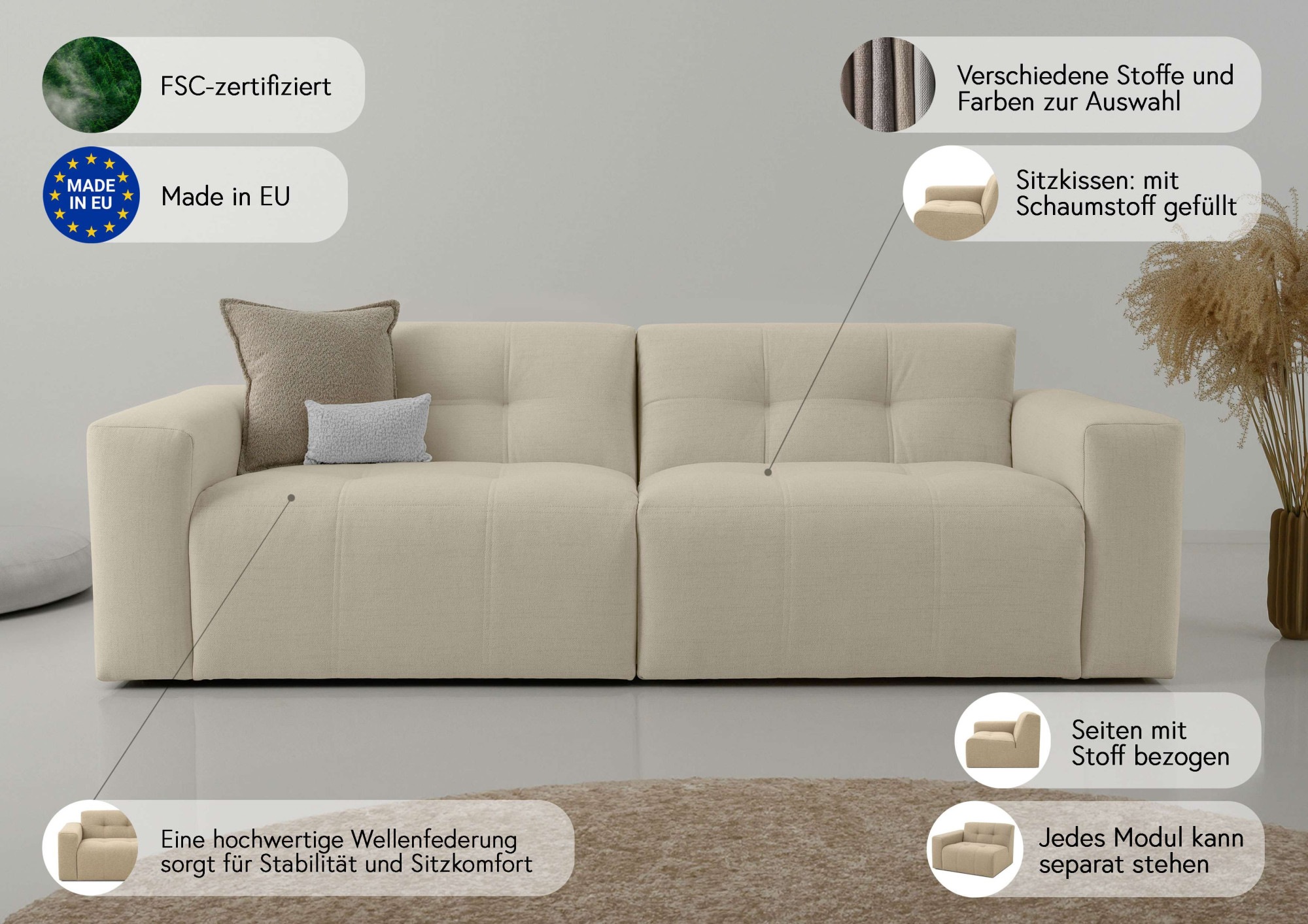 INOSIGN 3-Sitzer »TAPLEY«, Breite 220 cm, Struktur fein, mit Knopfsteppung, bodentief