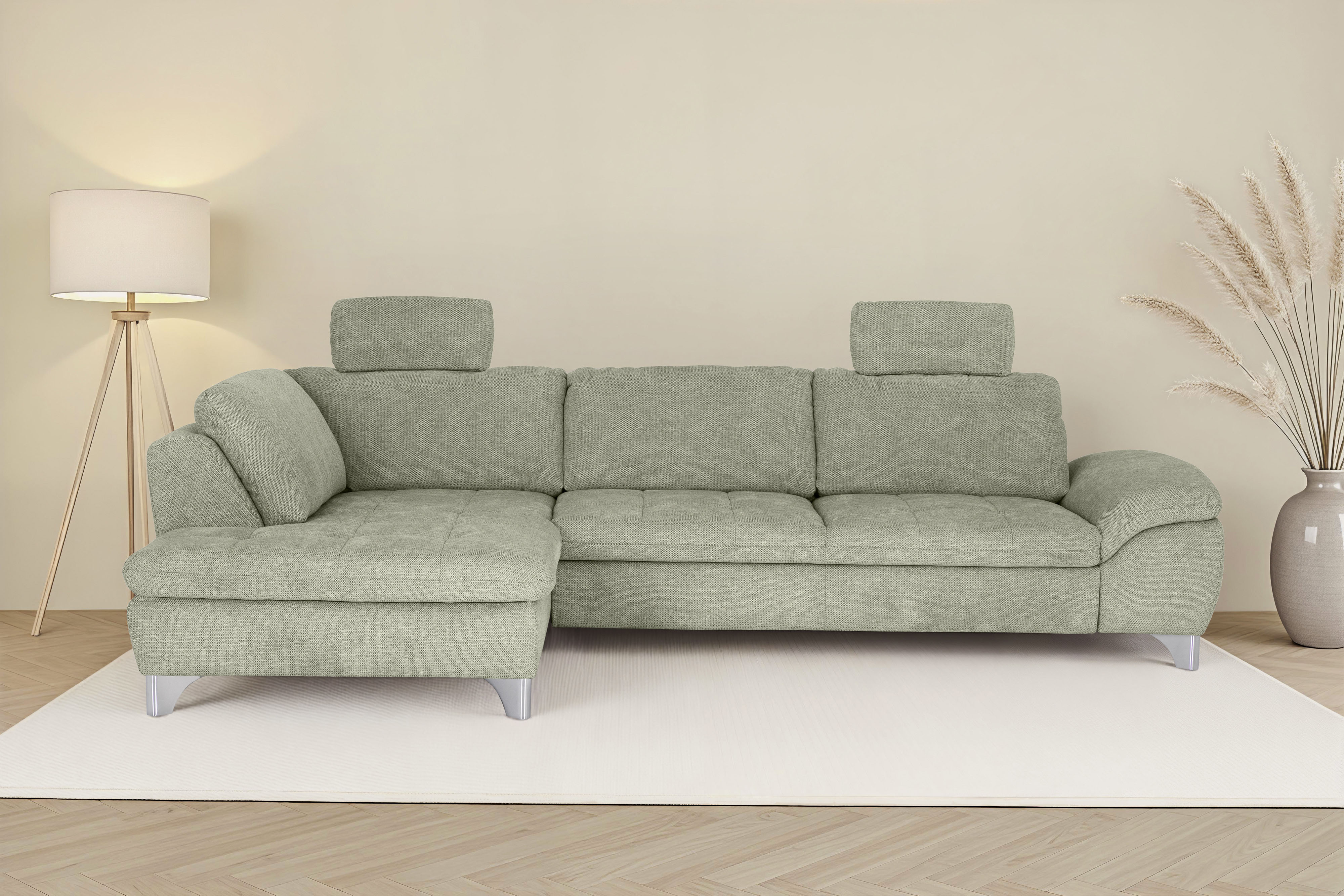 Die PlanBar Ecksofa "Ottomane MP-IN14007 L-Form, Breite 306 cm" wahlweise mit Schlaffunktion und verstellbaren Kopfstützen