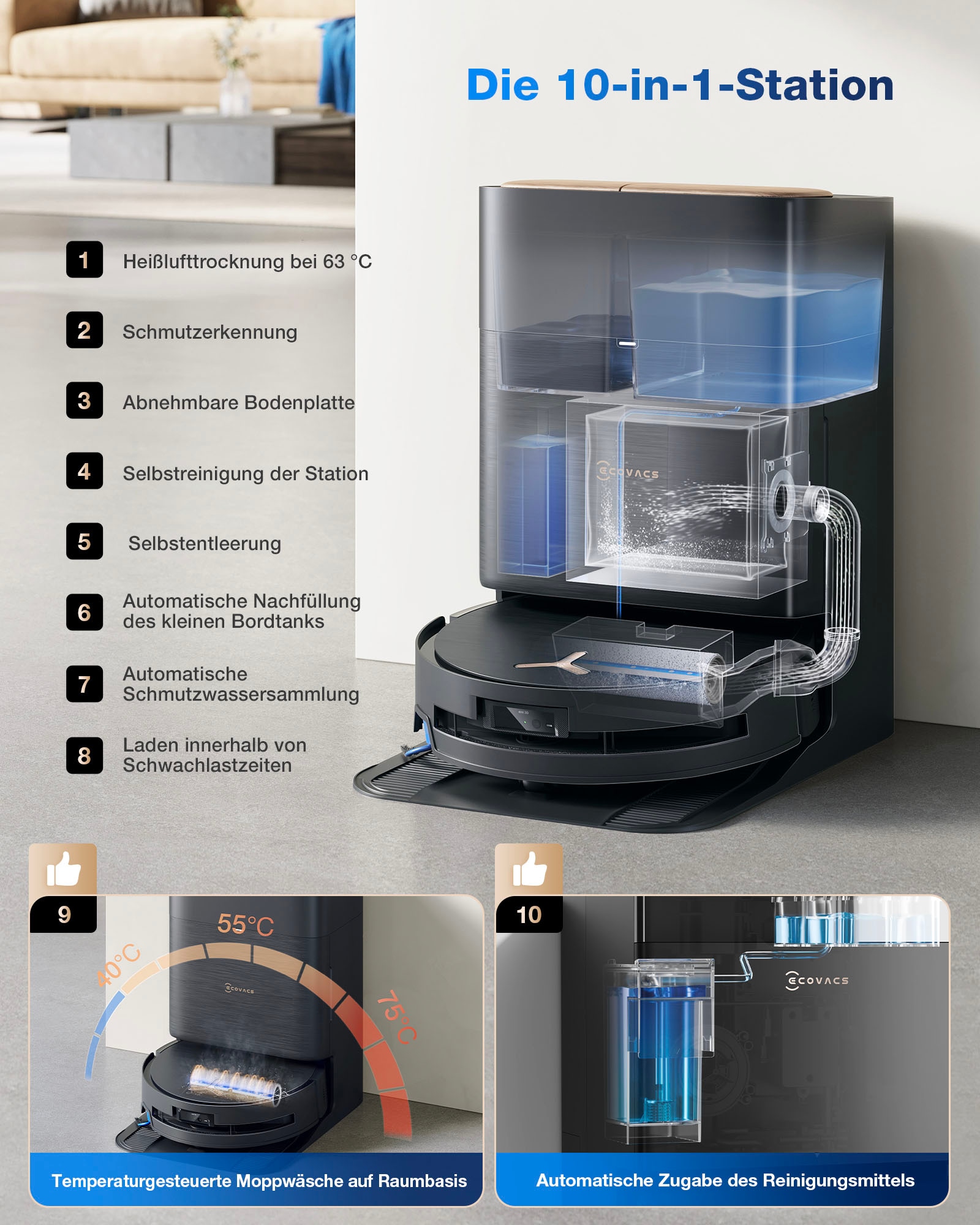 ECOVACS Saugroboter »mit Wischfunktion, DEEBOT X9 PRO OMNI«, Saug-und Wischroboter mit Absaugstation