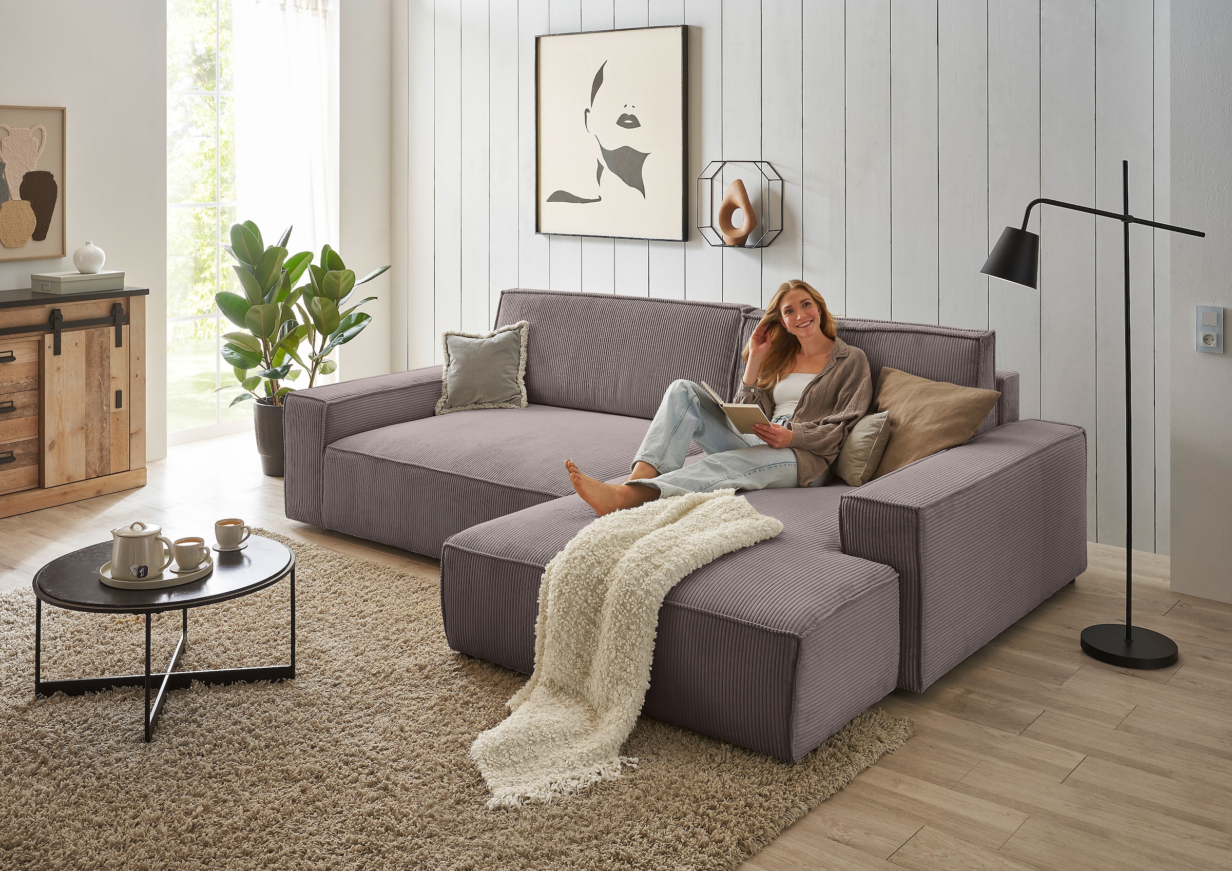 OTTO home Ecksofa "SHERWOOD XXL Cord 284, Big-Sofa L-Form, tiefe Sitzfläche 95 cm" Recamiere rechts/links, als Schlafsofa stellbar, Cord u. Leinenoptik