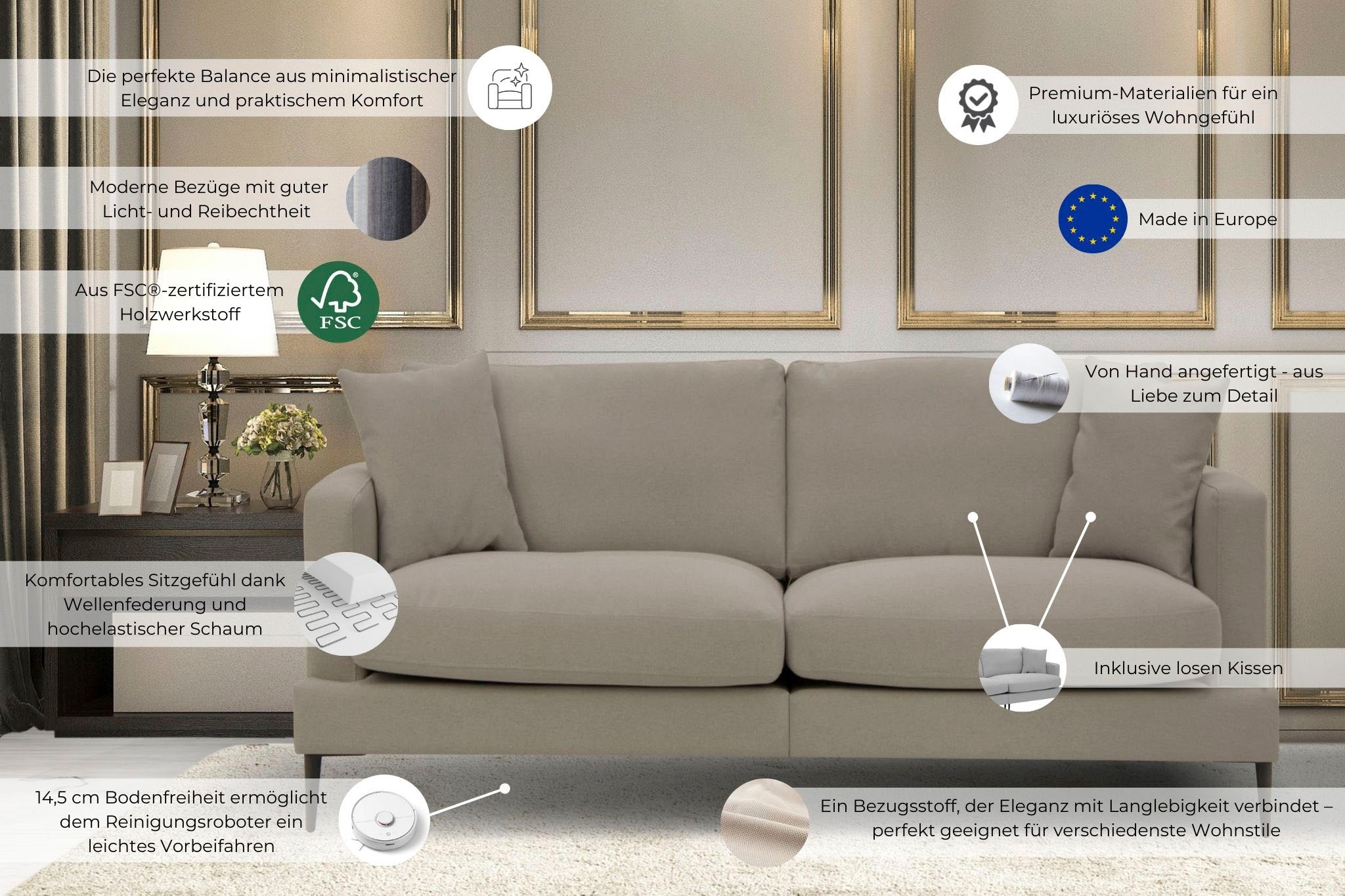 Leonique 2-Sitzer »Cozy elegantes Designsofa, Maße B/T/H: 151/97/80 cm«, mit losen Kissen und Metallbeinen