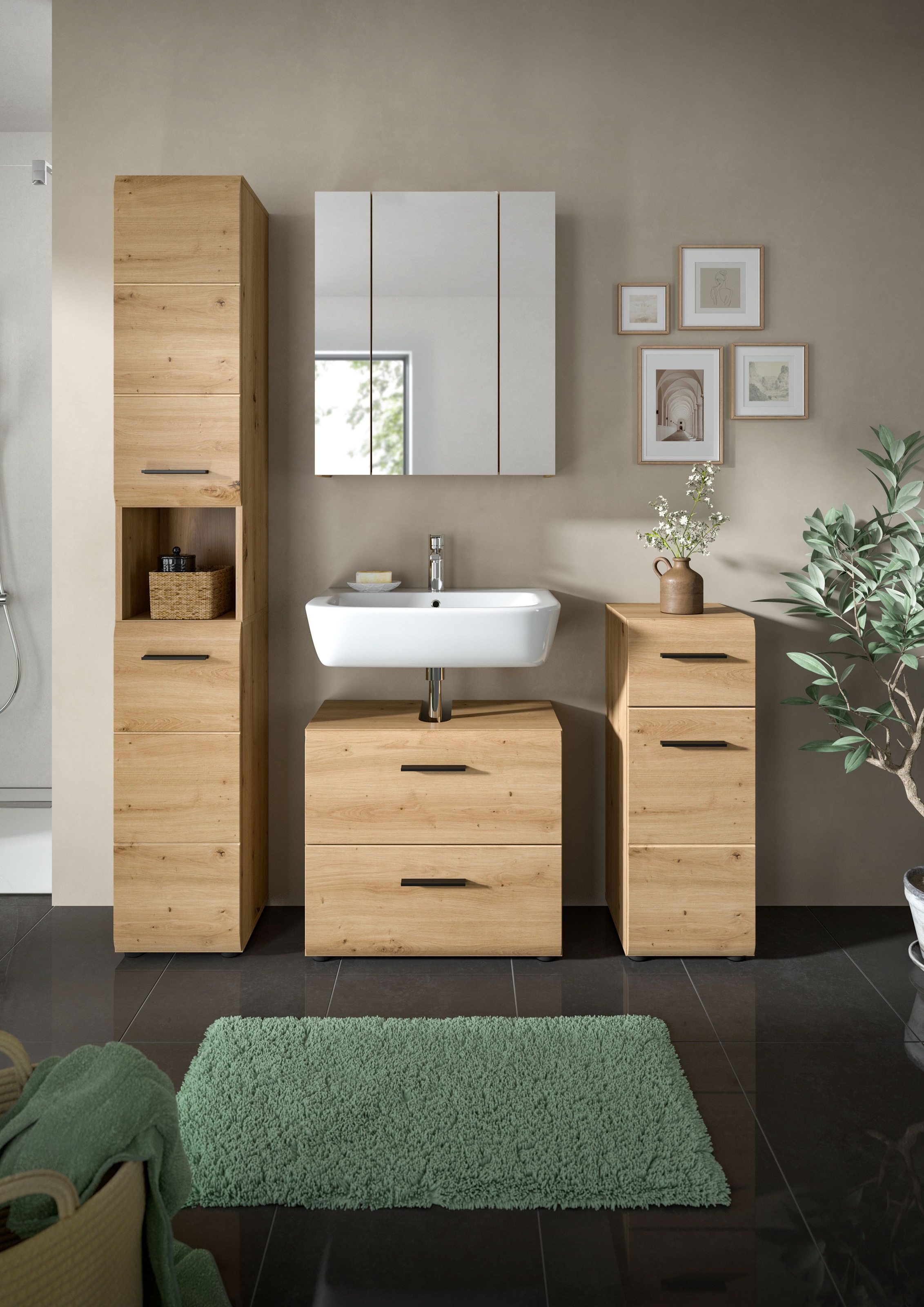 INOSIGN Badezimmer-Set, (Set, 4 St.), Florenz, Badkombination 4-tlg., Artisan Oak NB, Hochschrank, WBU