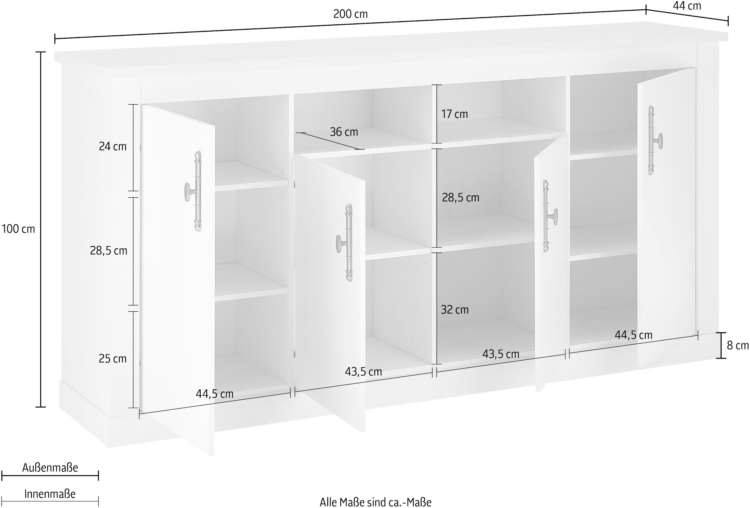 Home affaire Sideboard »RAVENNA«, im romantischen Landhausstil, Griffe aus Metall, Breite 201 cm