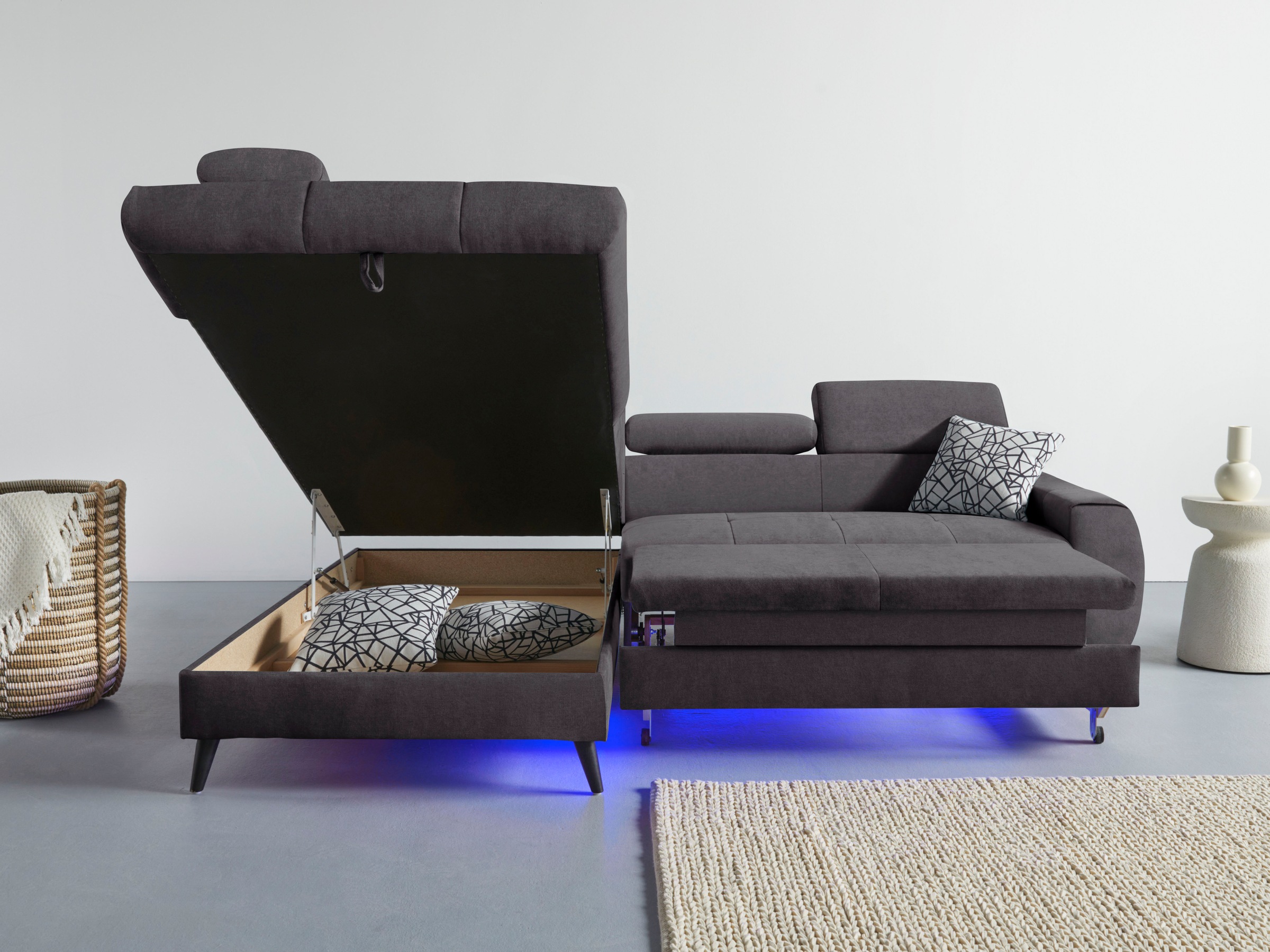 COTTA Ecksofa »Mia L-Form mit 3 Zierkissen«, wahlweise mit Bettfunktion, Bettkasten, Beleuchtung & Wireless-Charger