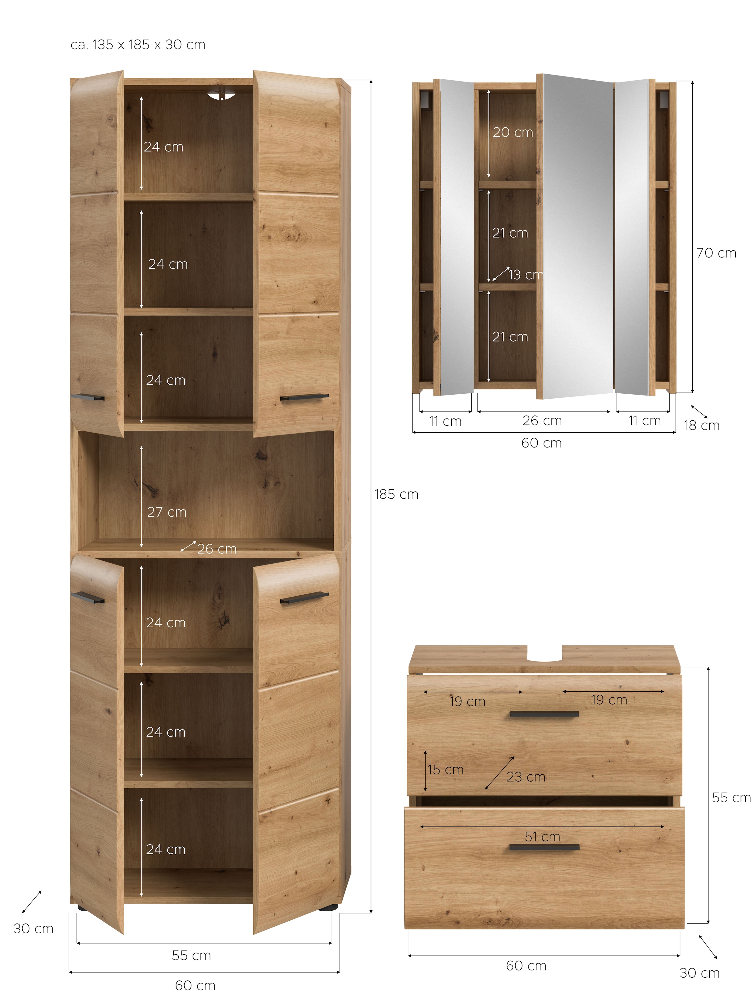 welltime Badmöbel-Set »FLORENZ,  3-teilige Badkombination, hochwertige MDF-Front« Set, best. aus: 1 Hochschrank, 1 Waschbeckenunterschrank, 1 Spiegelschrank, 3 Stk. tlg.