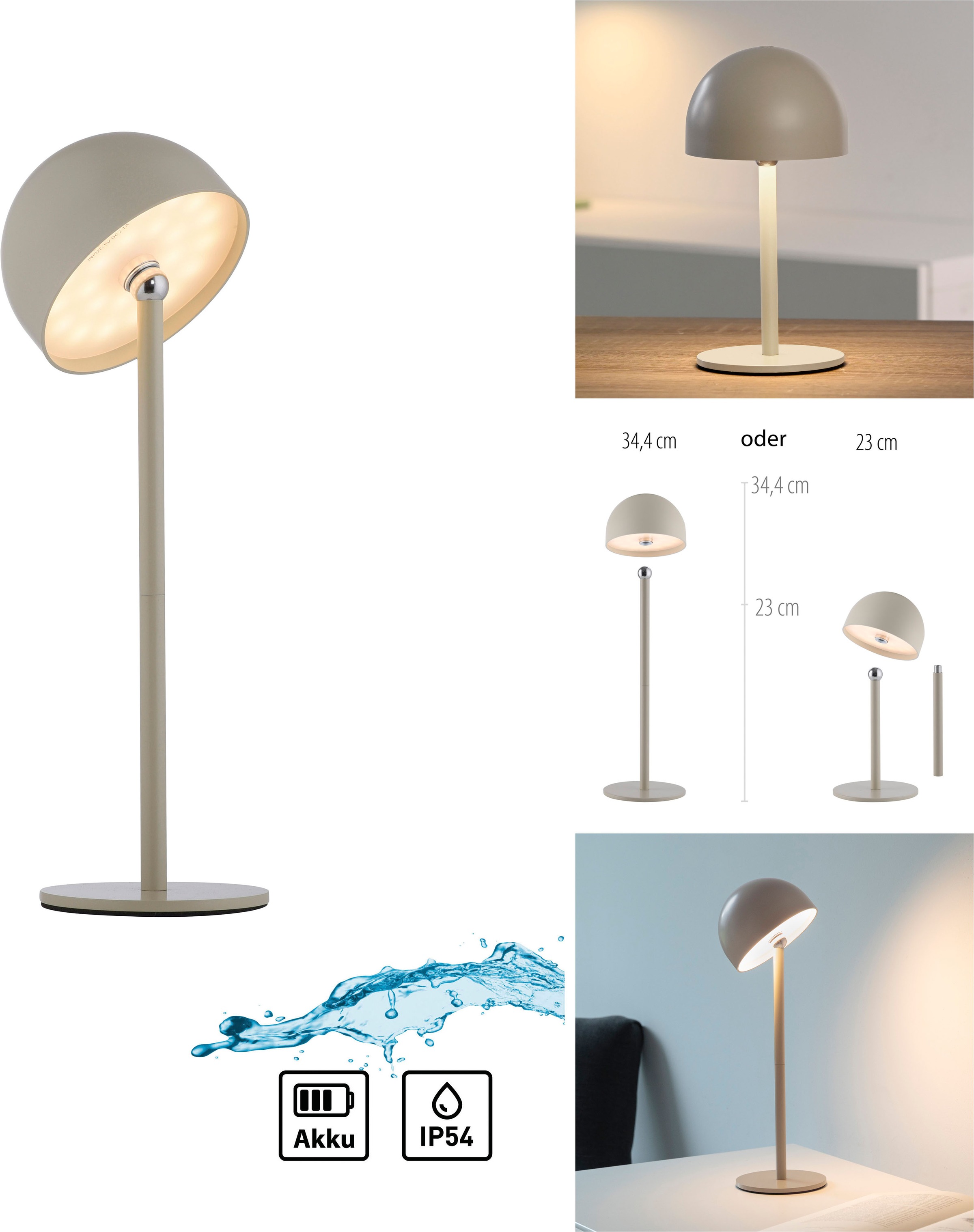 OTTO home Tischleuchte »Akku Tischlampe GERRIN Indoor Outdoor, magnetischer Flaschenaufsatz« LED-Board Warmweiß Pilzlampe Flaschenaufsatz, Regulierung der Lichtstärke, Pilz, Lampe