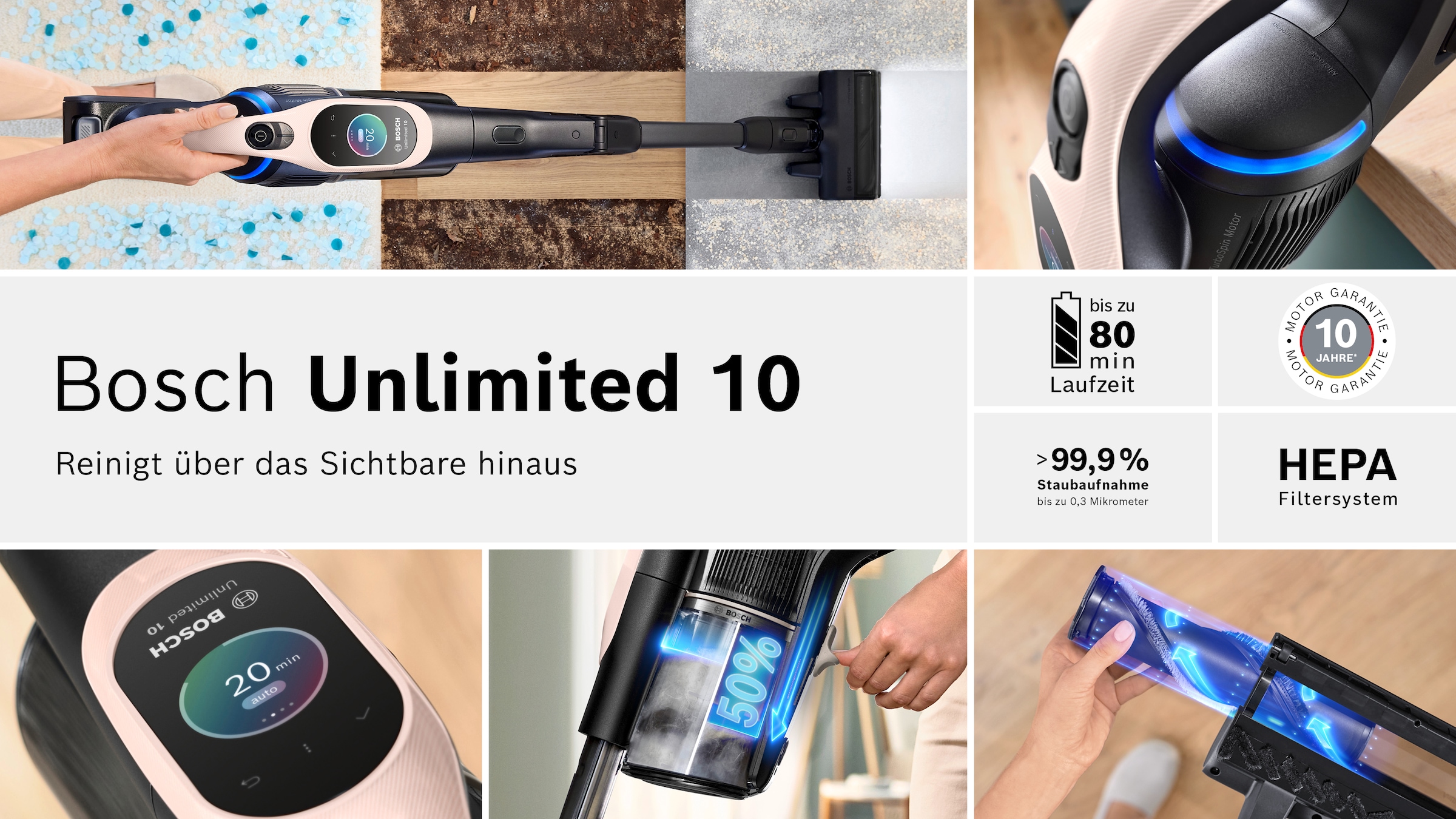 BOSCH Akku-Stielstaubsauger »Unlimited 10 BKS1041RHF, MicroClean™ Technology, Display, Knickrohr« HEPA-Filtersystem, 10 Jahre Motorgarantie, LED-Licht, powder rose