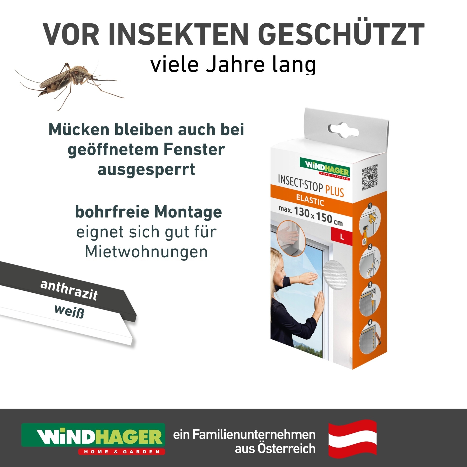 Windhager Moskitonetz »Elastic für Fenster, flexibler Insektenschutz ohne bohren« 1 Stk. tlg. Insektenschutzgitter 130 x 150 cm, erhältlich in anthrazit oder weiß