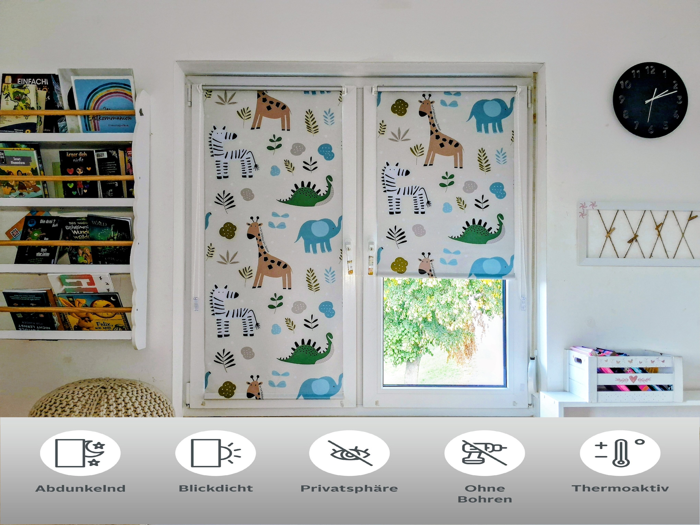 K-HOME Seitenzugrollo »Seitenzugrollo Thermo Klemmfix-Rollo mit Motiv Zoo« verdunkelnd Hitzeschutz | Verdunkelung ohne Bohren freihängend Kinderrollo