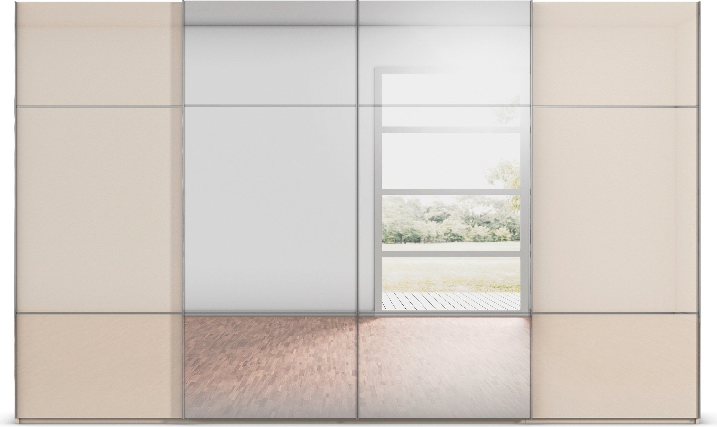 rauch Schwebetürenschrank »Kleiderschrank Schrank Garderobe Schlafzimmerschrank SCALE-TRIO«, edle dreigeteilte Front mit 2 Zierleisten Spiegel/Glas MADE IN GERMANY