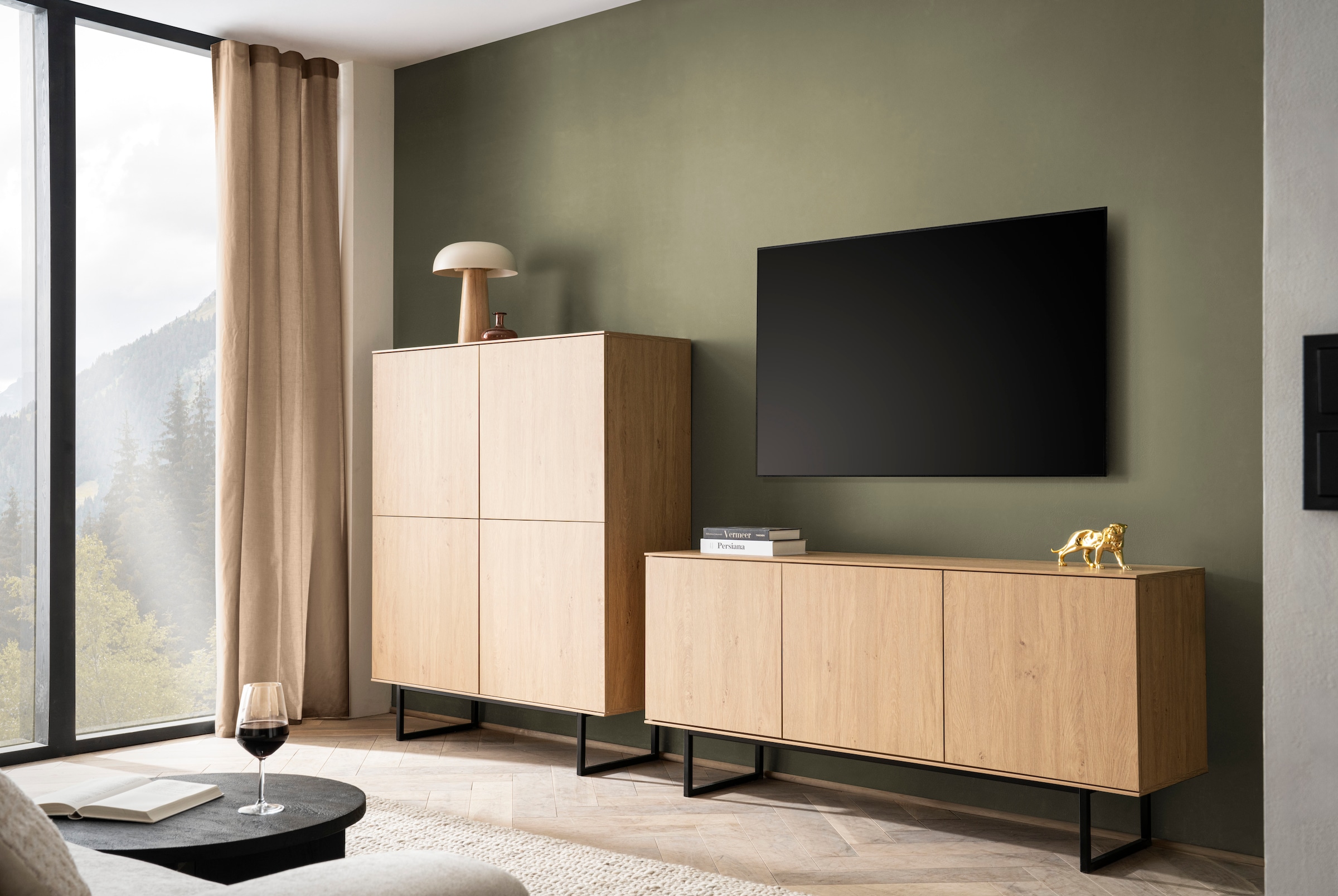 Home affaire Wohnwand »Lund, moderne Anbauwand, Wohnzimmer-Set in Stone Oak«, (2 St.), enthält Lowboard und Highboard