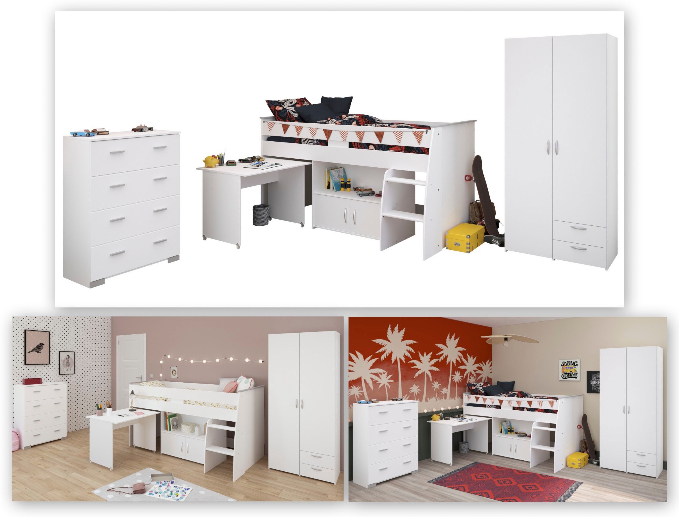 Parisot Jugendzimmer-Set »Parisot, Reverse 11«, (3 tlg.), ausziehbarer Schreibtisch auf Rollen, viel Stauraum, Kleiderschrank