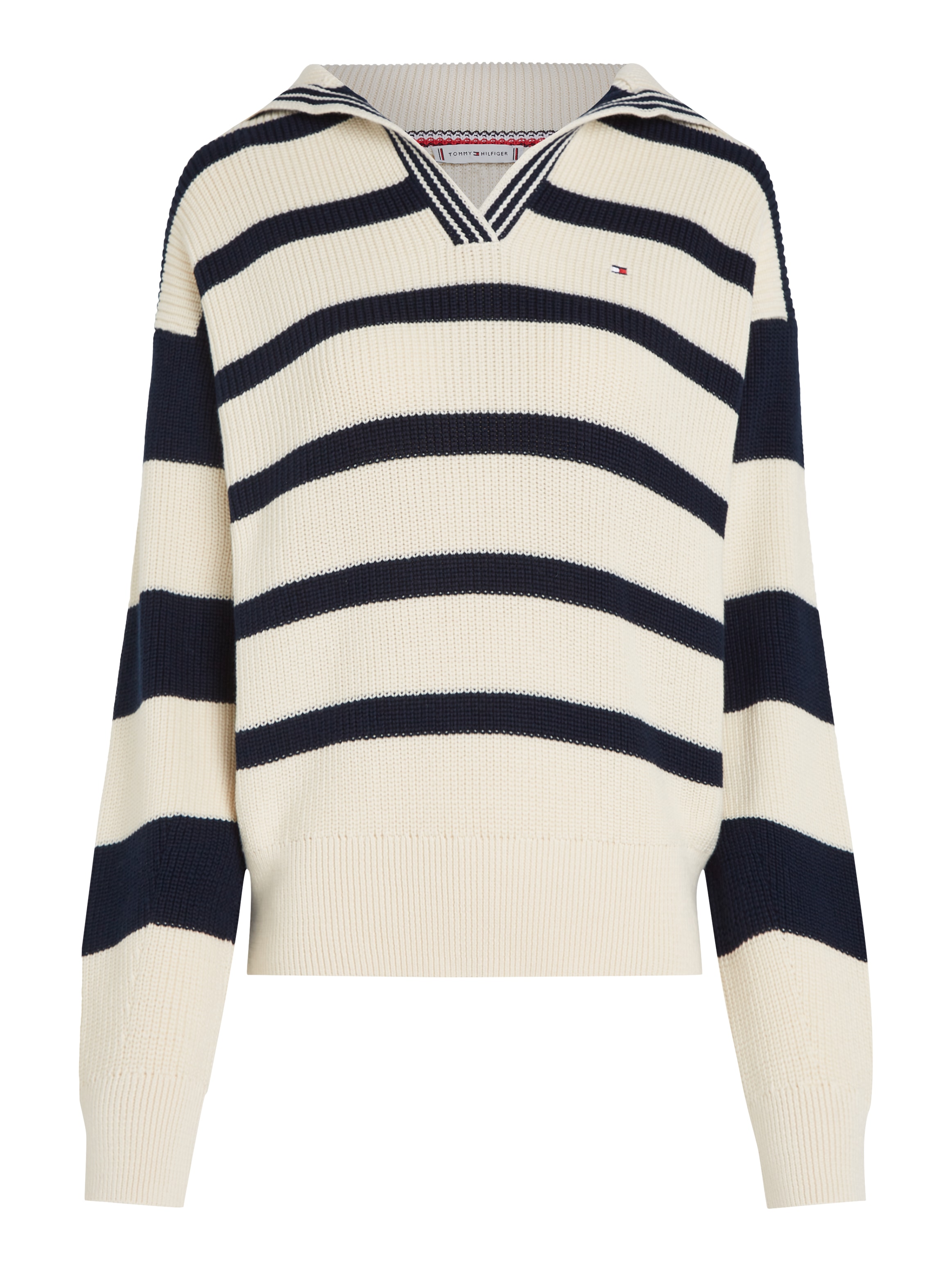 Tommy Hilfiger Polokragenpullover »CO CARDI STITCH OPEN POLO SWT LS«, mit Perlfangmuster, Polokragen, Logostickerei