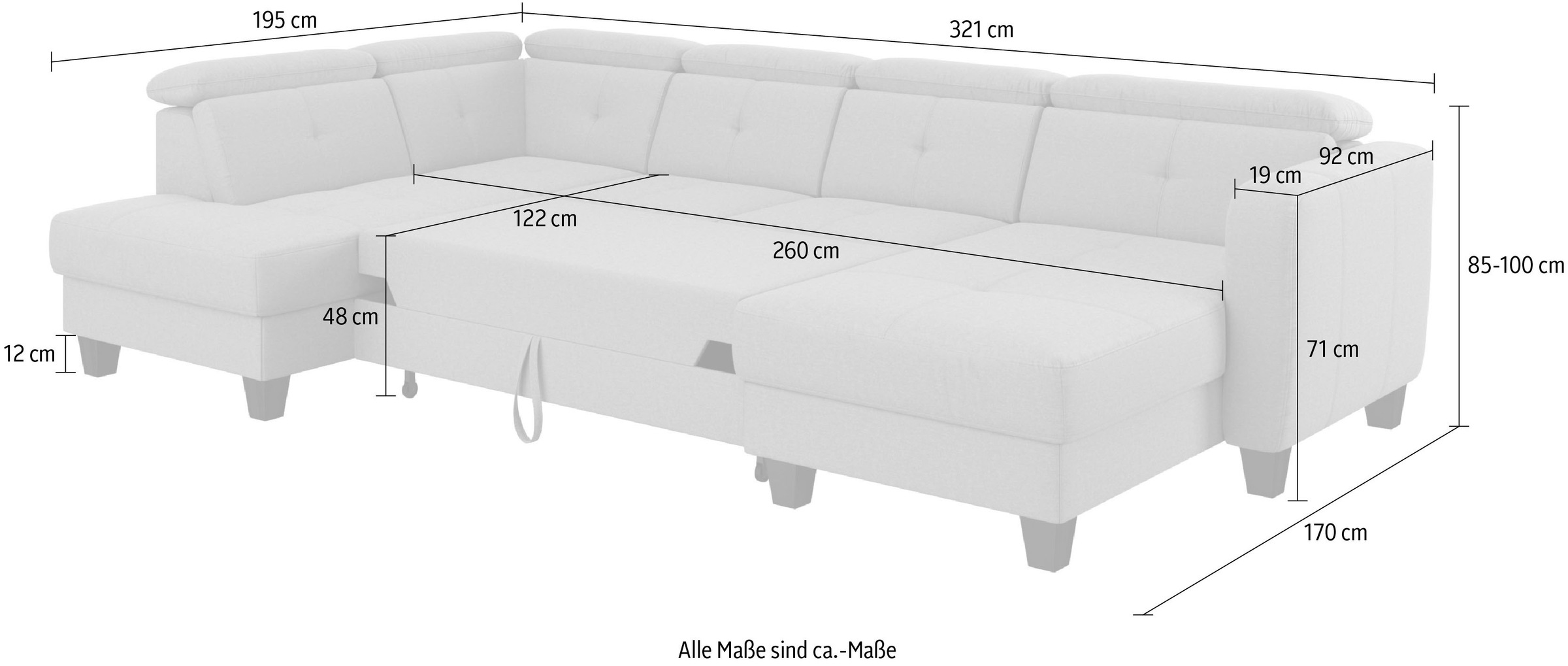 sit&more Wohnlandschaft »Belluci U-Form«, Kopfteilverstellung und Federkern, wahlweise mit Bettfunktion