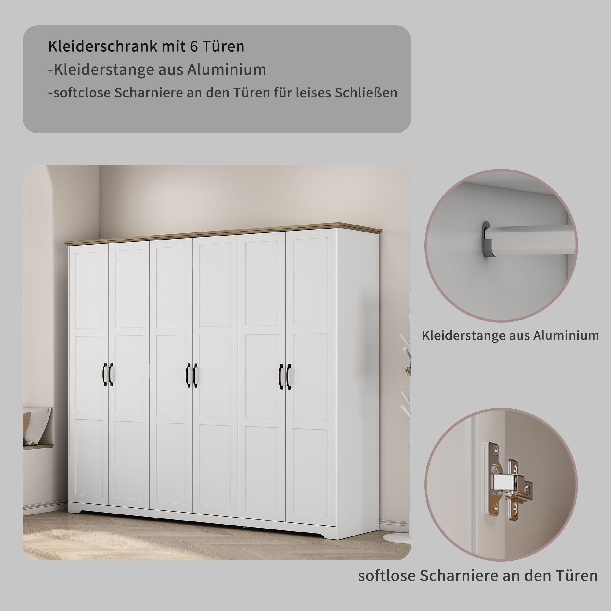 OTTO home Kleiderschrank »Emmilia Schrank Schlafzimmerschrank im Landhaus Design« Mit vielen Einlegeböden und Softclose,  Landhaus Schrank mit  6 Türen Breite 226,5cm Höhe 2m