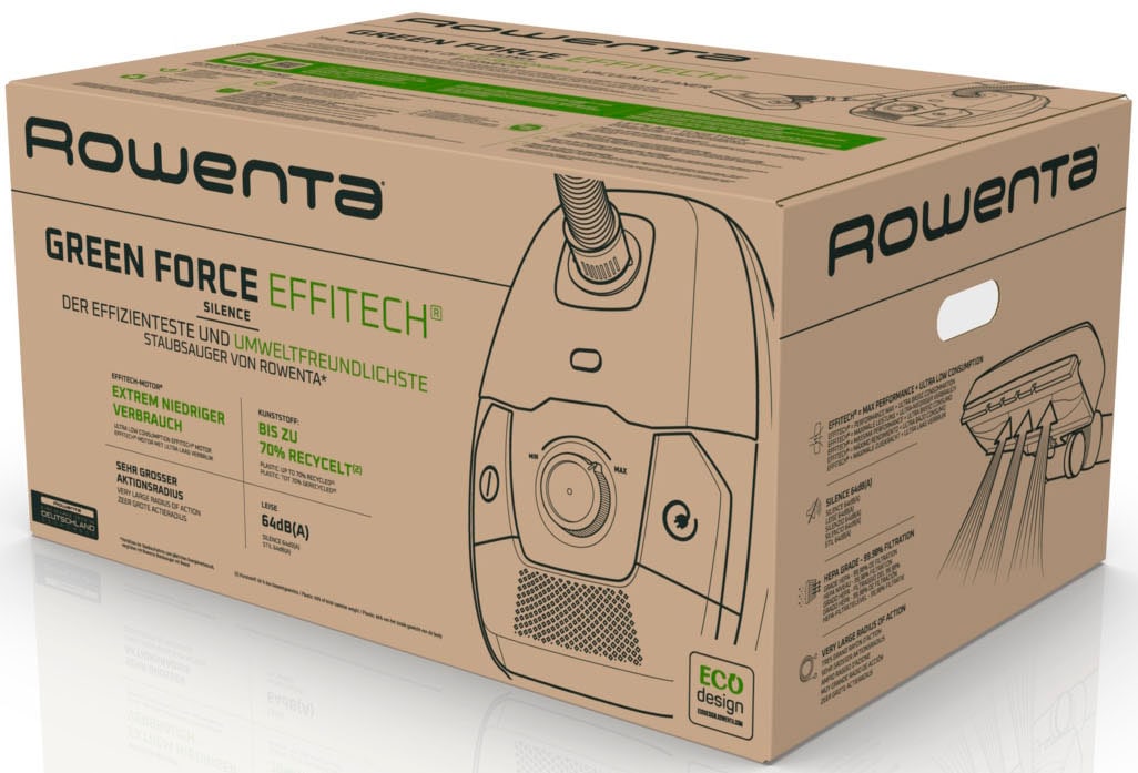 Rowenta Bodenstaubsauger »Green Force Effitech, Staubsauger mit Beutel, großer Aktionsradius«, 400 W, mit Beutel, Aus recyceltem Kunststoff, starke Saugleistung, RO6189