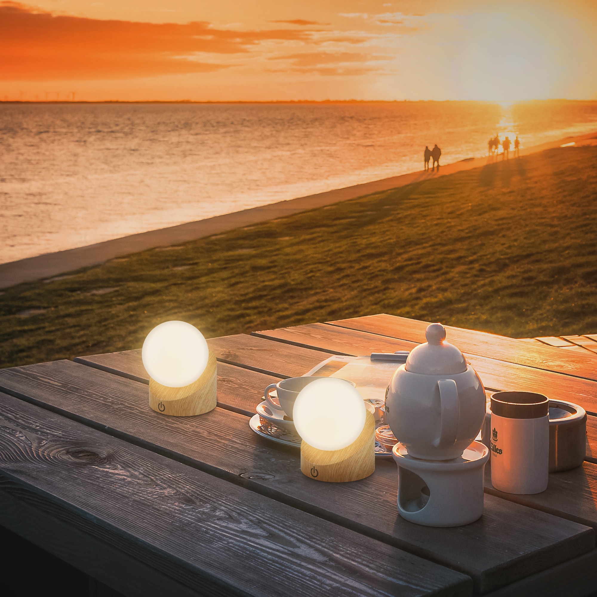 Briloner Leuchten LED Außen-Tischleuchte »SORA« LED-Board 2 Stk. Warmweiß kabellos 10x8x9cm Holzfarben 2W Kinderzimmer Outdoor Außen 2er-Set