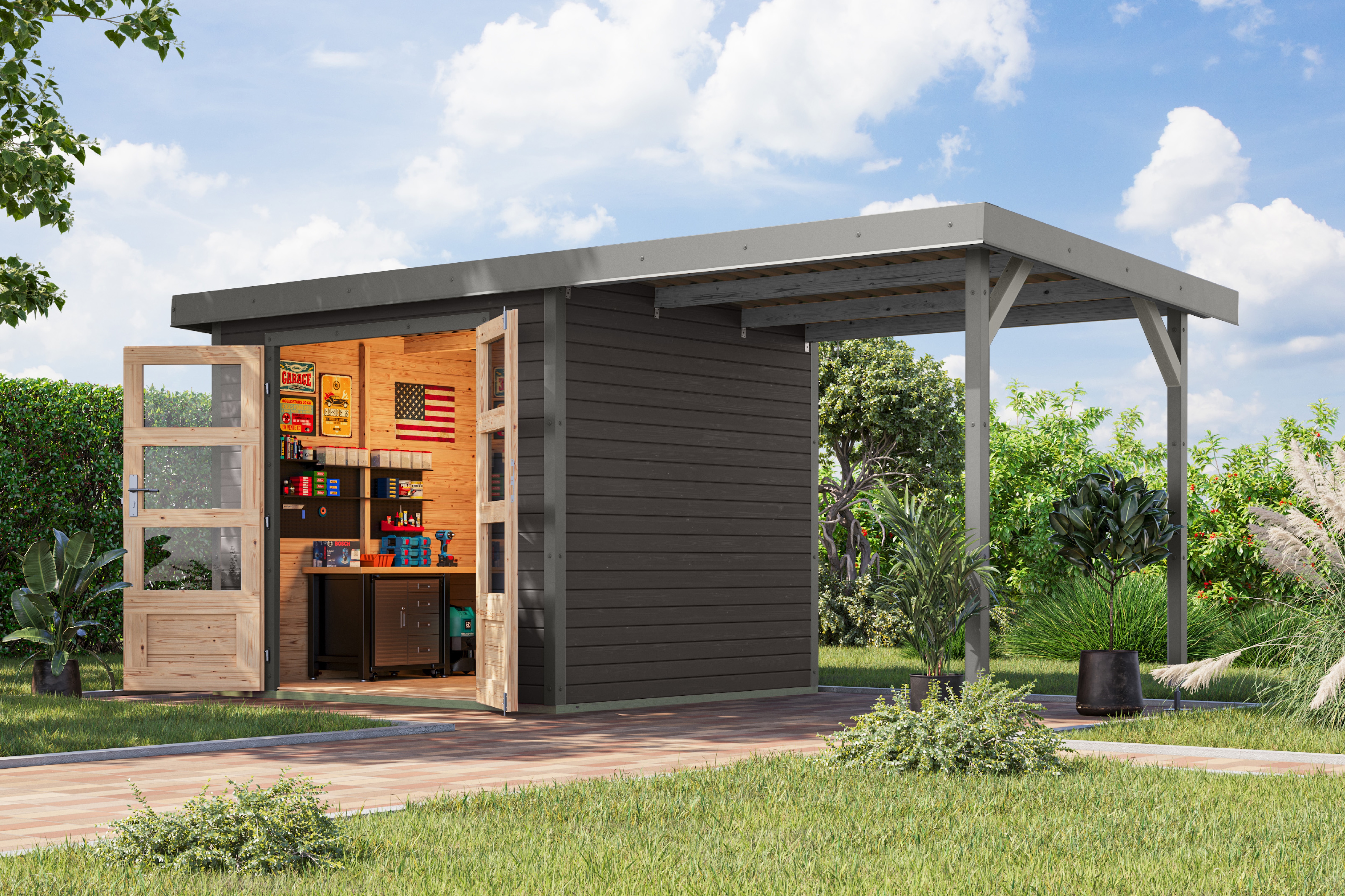 Karibu Gartenhaus "Jupiterino 3 SET, in verschiedenen Farben" inkl. Anbaudach