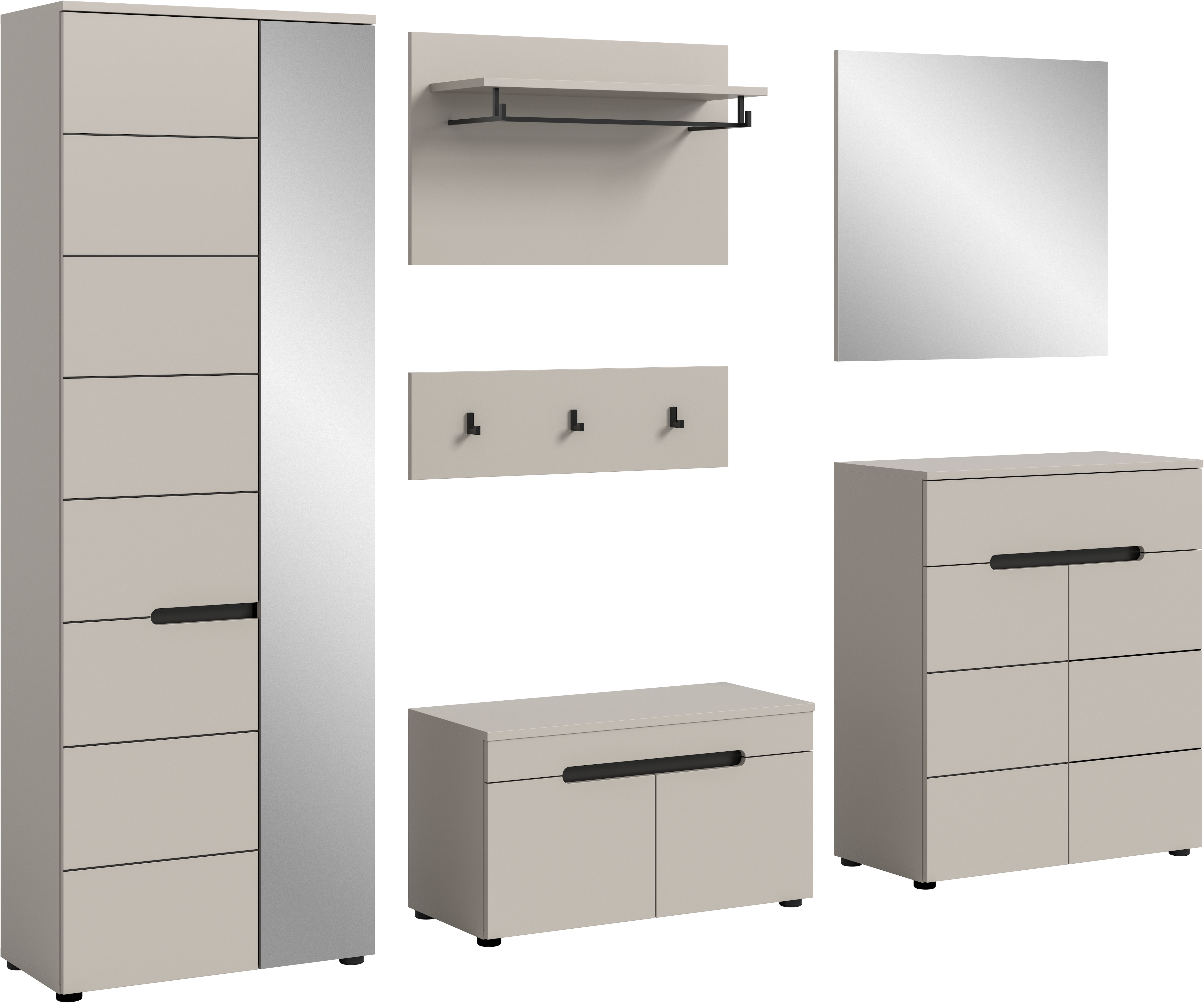 Home affaire Garderoben-Set "Rehat, Garderobenkombination, Breite 255cm" Set, Garderobenschrank, Sitzbank, Paneel, Hakenleiste, Spiegel, Kommode, 6 Stk. tlg.
