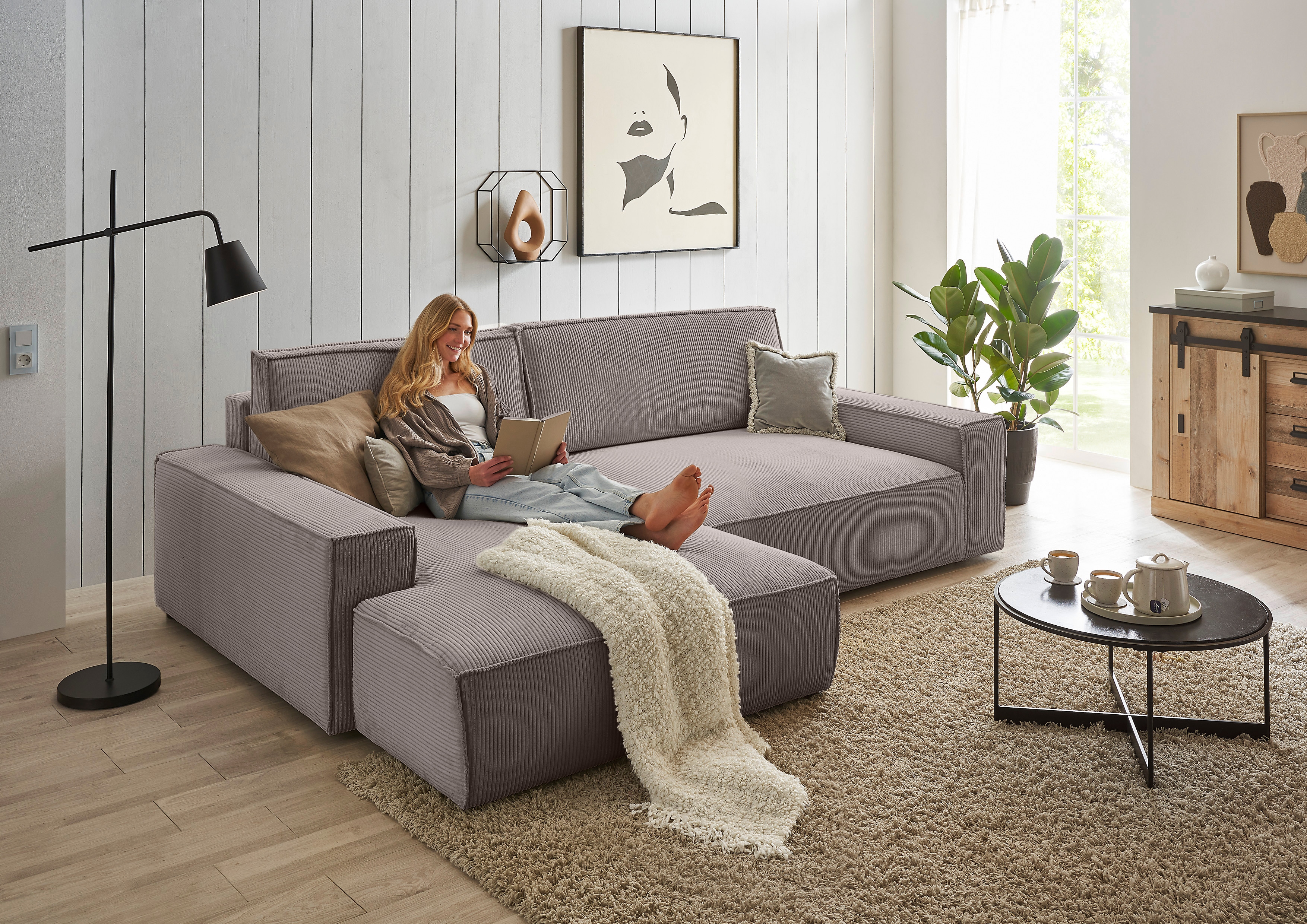 OTTO home Ecksofa "SHERWOOD XXL Cord 284, Big-Sofa L-Form, tiefe Sitzfläche 95 cm" Recamiere rechts/links, als Schlafsofa stellbar, Cord u. Leinenoptik