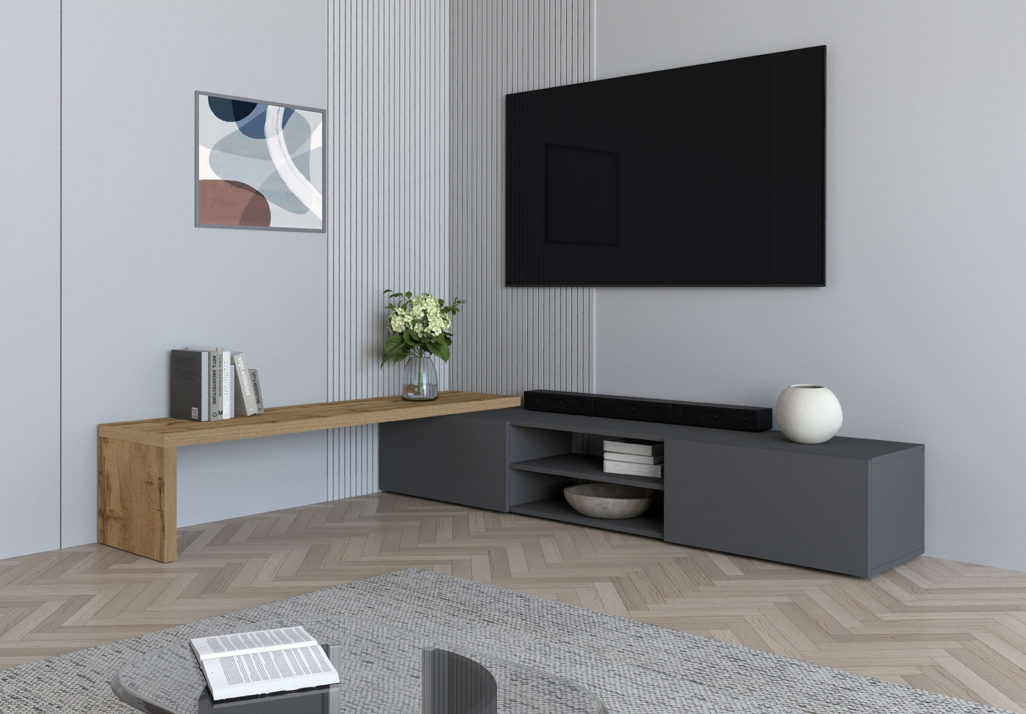 OTTO home Lowboard »New Garda,Lowboard mit Aufsatz,TV-Board mit Ausatz,TV-Schrank-Tv Bank« 1 Stk. tlg. Breite verstellbar v. 183 bis 310 cm,2 Klappen  und L-Förmiger Aufsatz