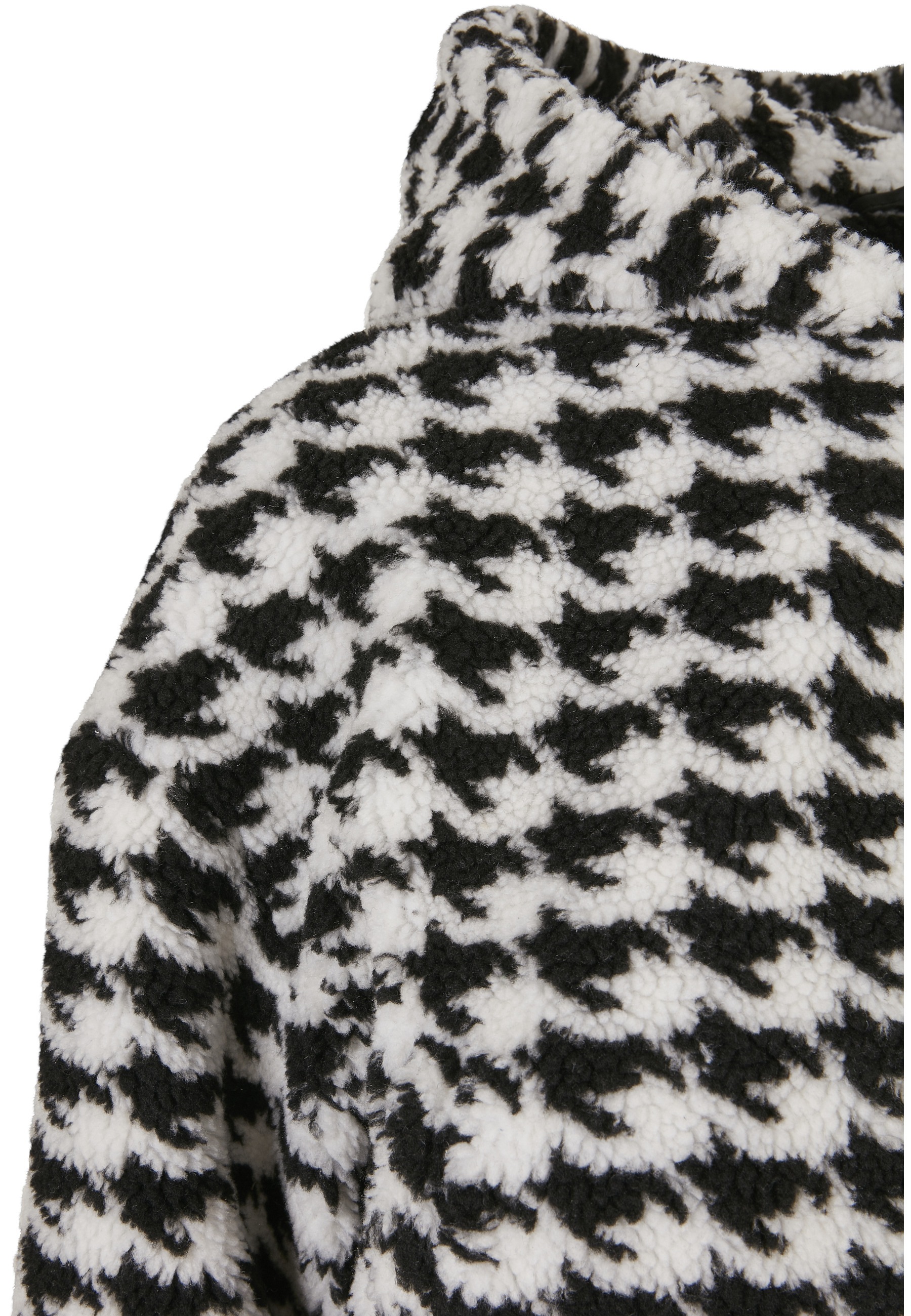 Langmantel URBAN CLASSICS "Urban Classics Damen Ladies Short Oversized AOP Sherpa Jacket", Damen, Gr. M, schwarzhoundstooth, 100% Polyester, Mäntel 3