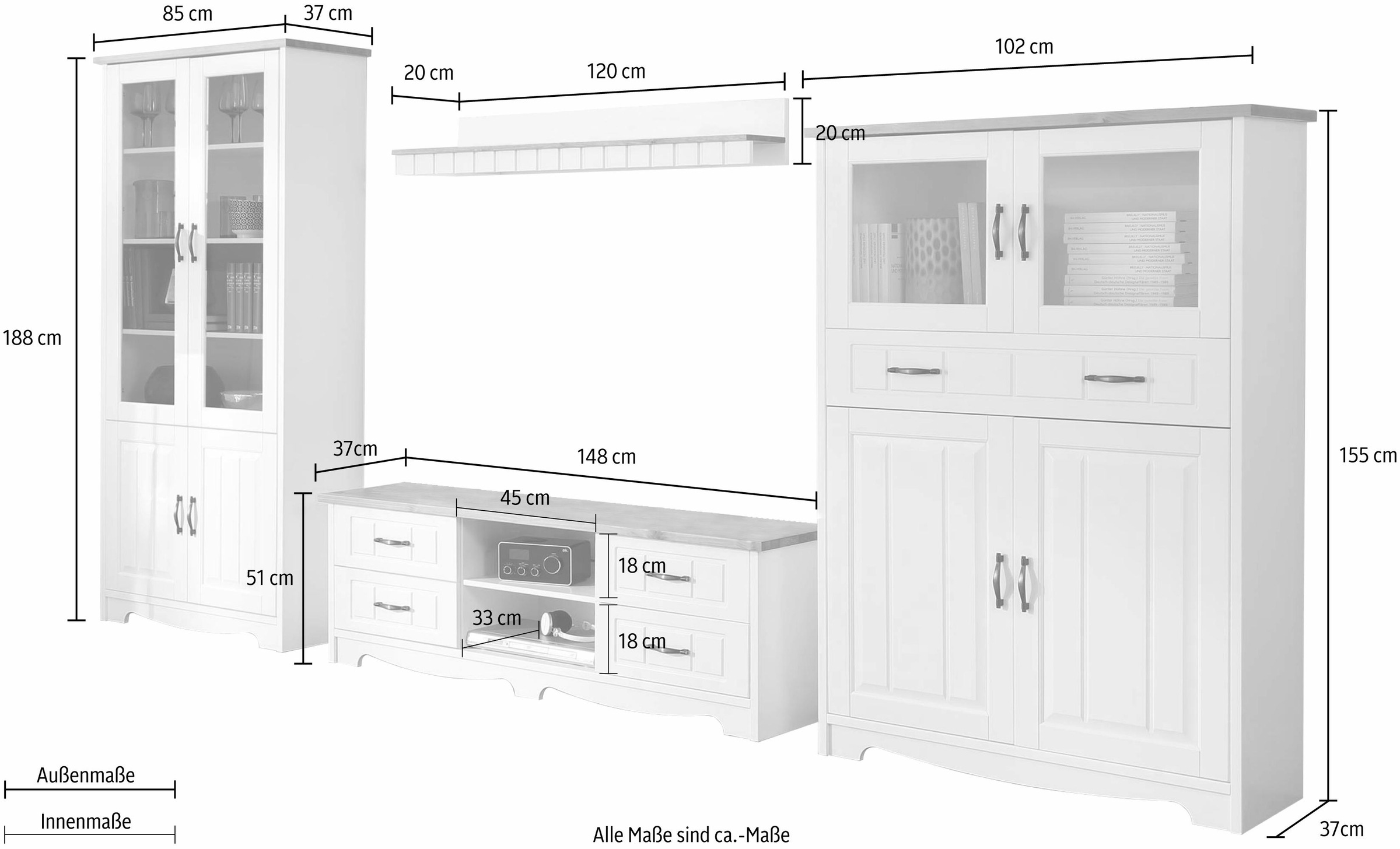 Home affaire Wohnwand "Trinidad" Set, 4 Stk. tlg. Set aus 1 Vitrine, 1 Lowb günstig online kaufen