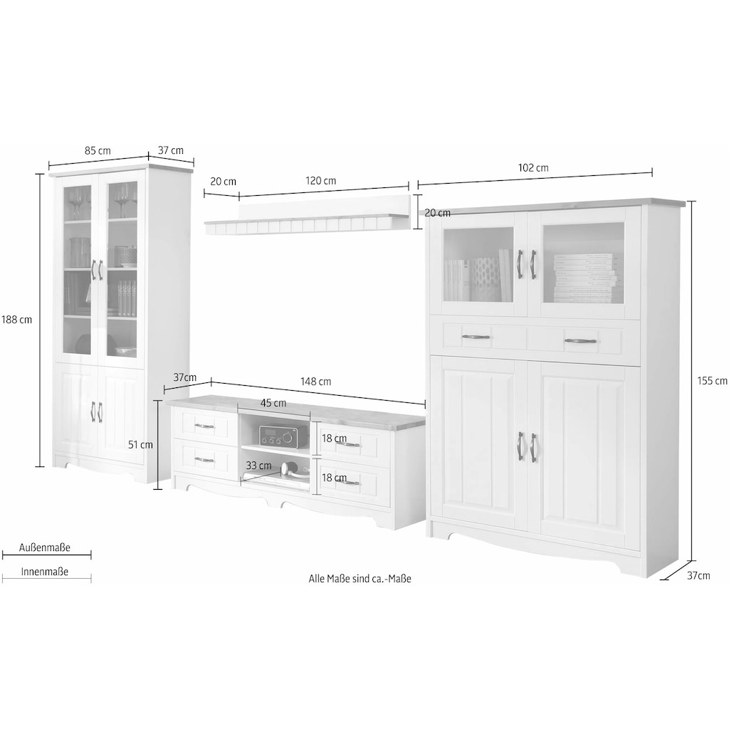 Home affaire Wohnwand »Trinidad«, (Set, 4 St.), Set aus 1 Vitrine, 1 Lowboard, 1 Highboard, 1 Wandboard