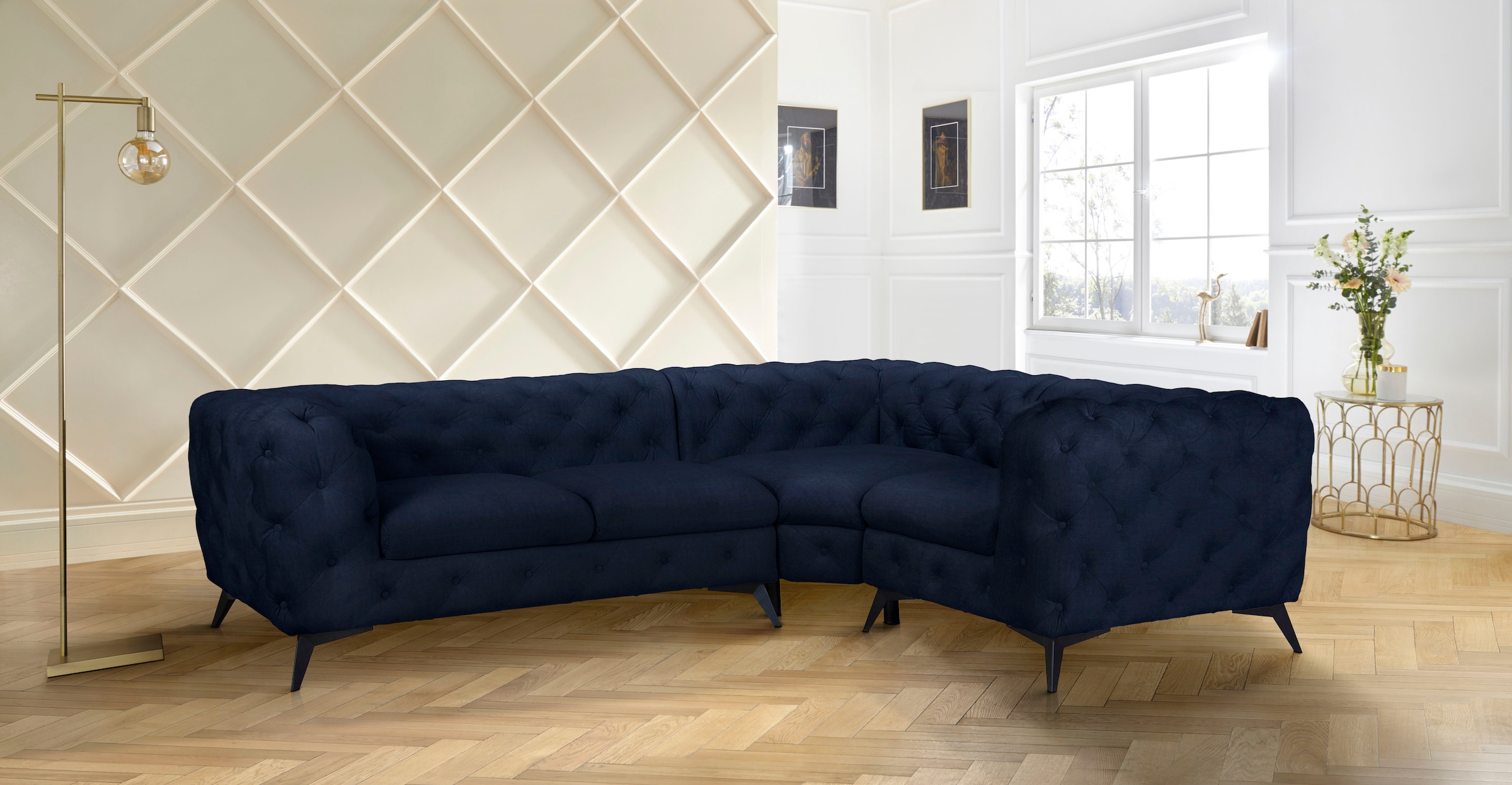 Leonique Chesterfield-Sofa »Ecksofa GLYNIS L-Form mit Wellenunterfederung, Maße B/T/H 264/204/75cm«, aufwändige Knopfheftung, moderne Chesterfield Optik, Fußfarbe wählbar