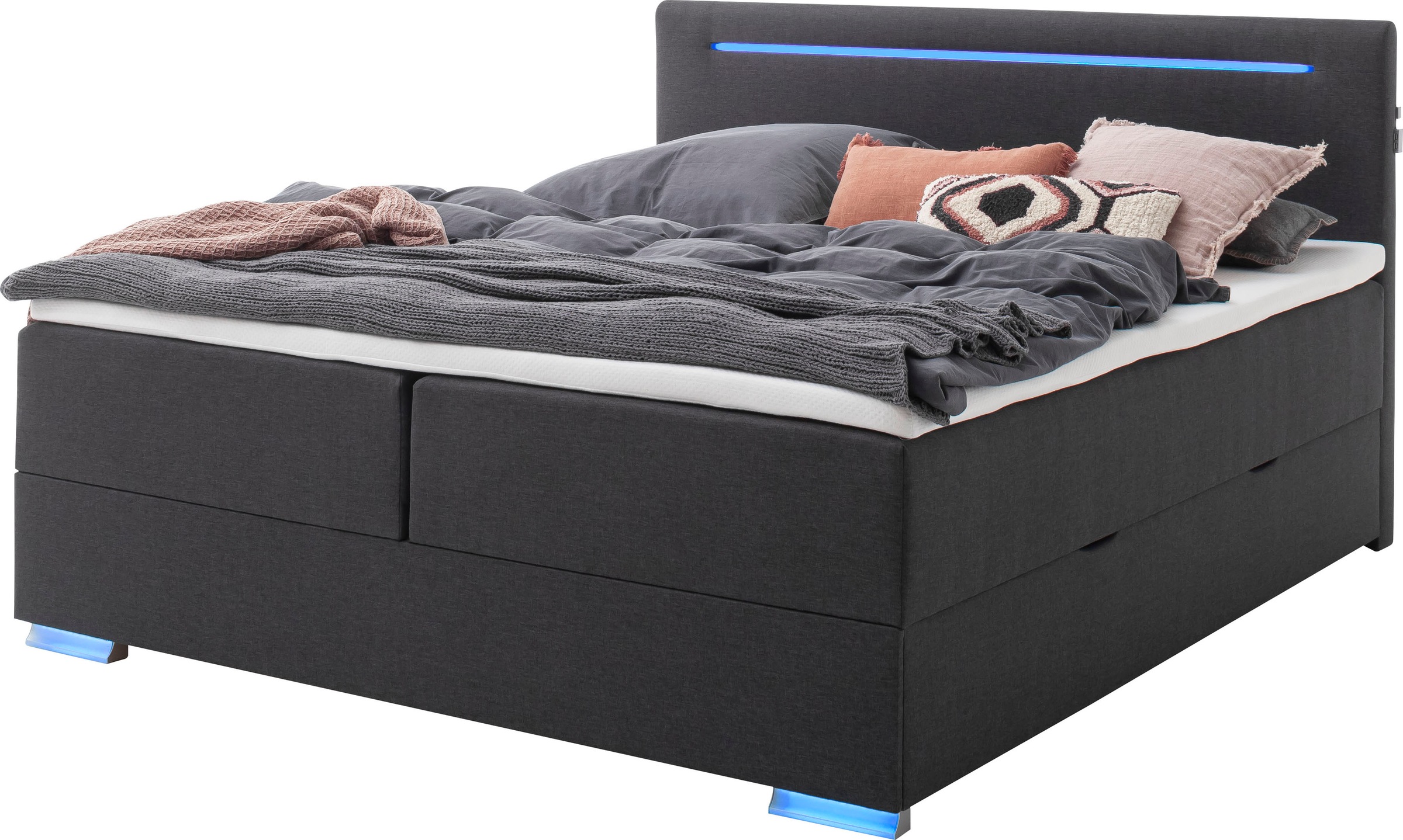 meise.möbel Boxspringbett »Las Vegas«, Füße und Kopfteil mit LED-Beleuchtung, mit Bettkasten und Topper