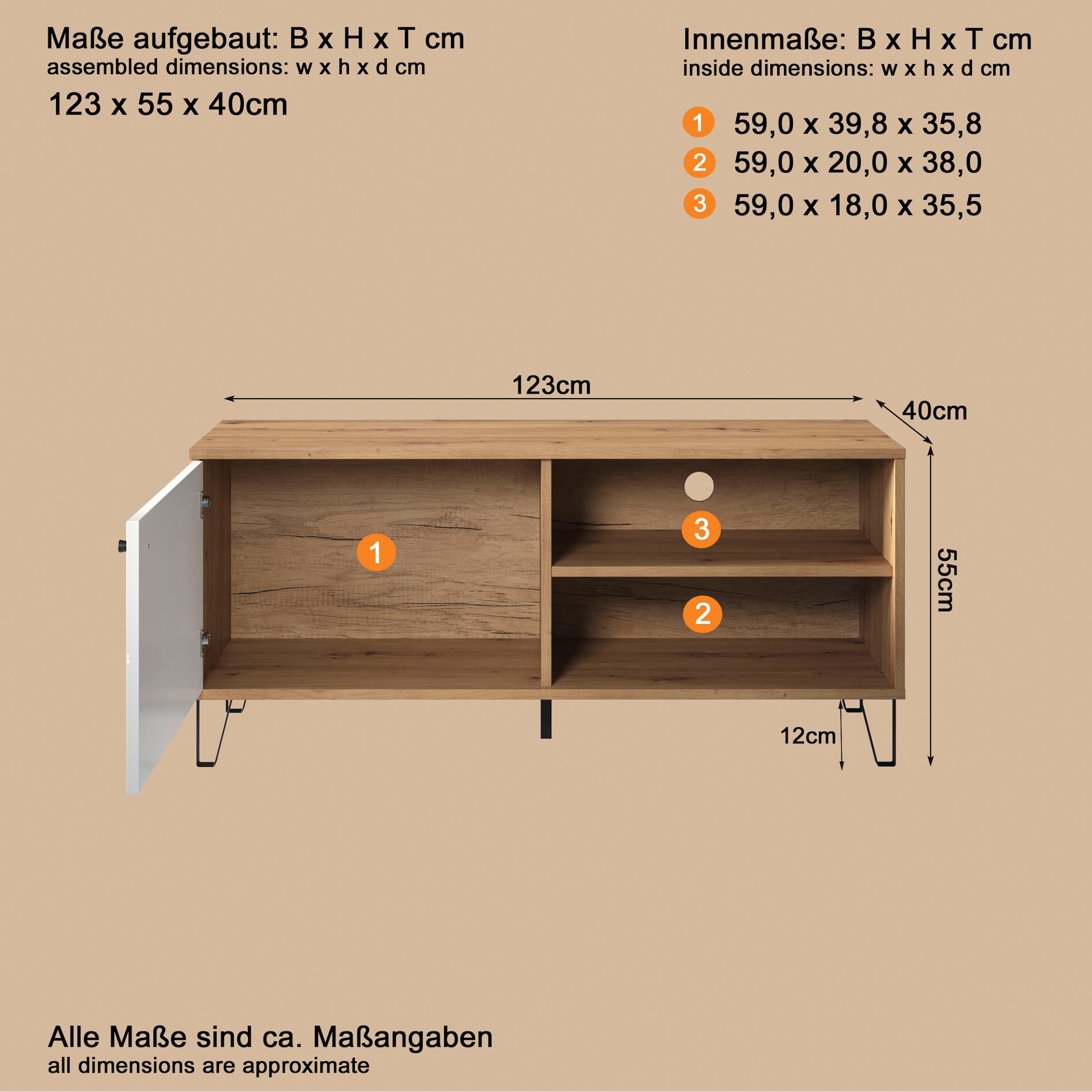 Places of Style Lowboard »Tarragona TV-Kommode«, TV-Unterteil mit 1 Tür & 2 Fächern - (B/T/H) 123/40/56 cm