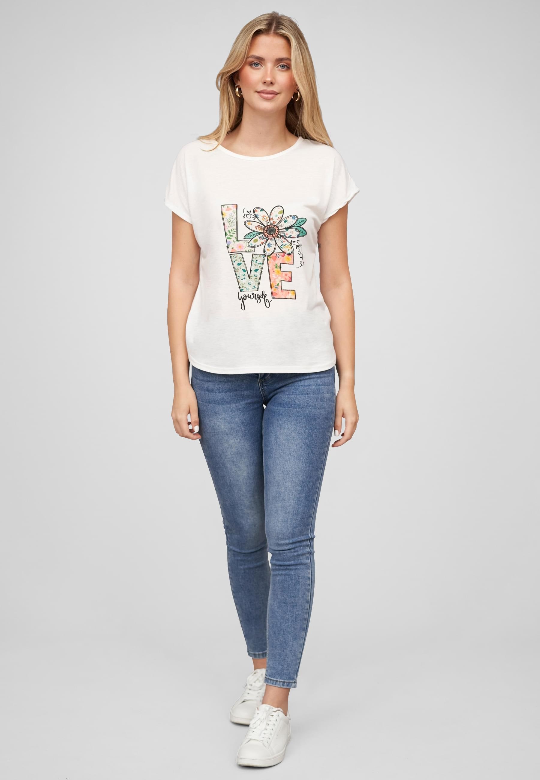 CLOUD 5IVE T-Shirt »CLOUD 5IVE Viskose T-Shirt mit Love-Blumen Print« 1 Stk. tlg.