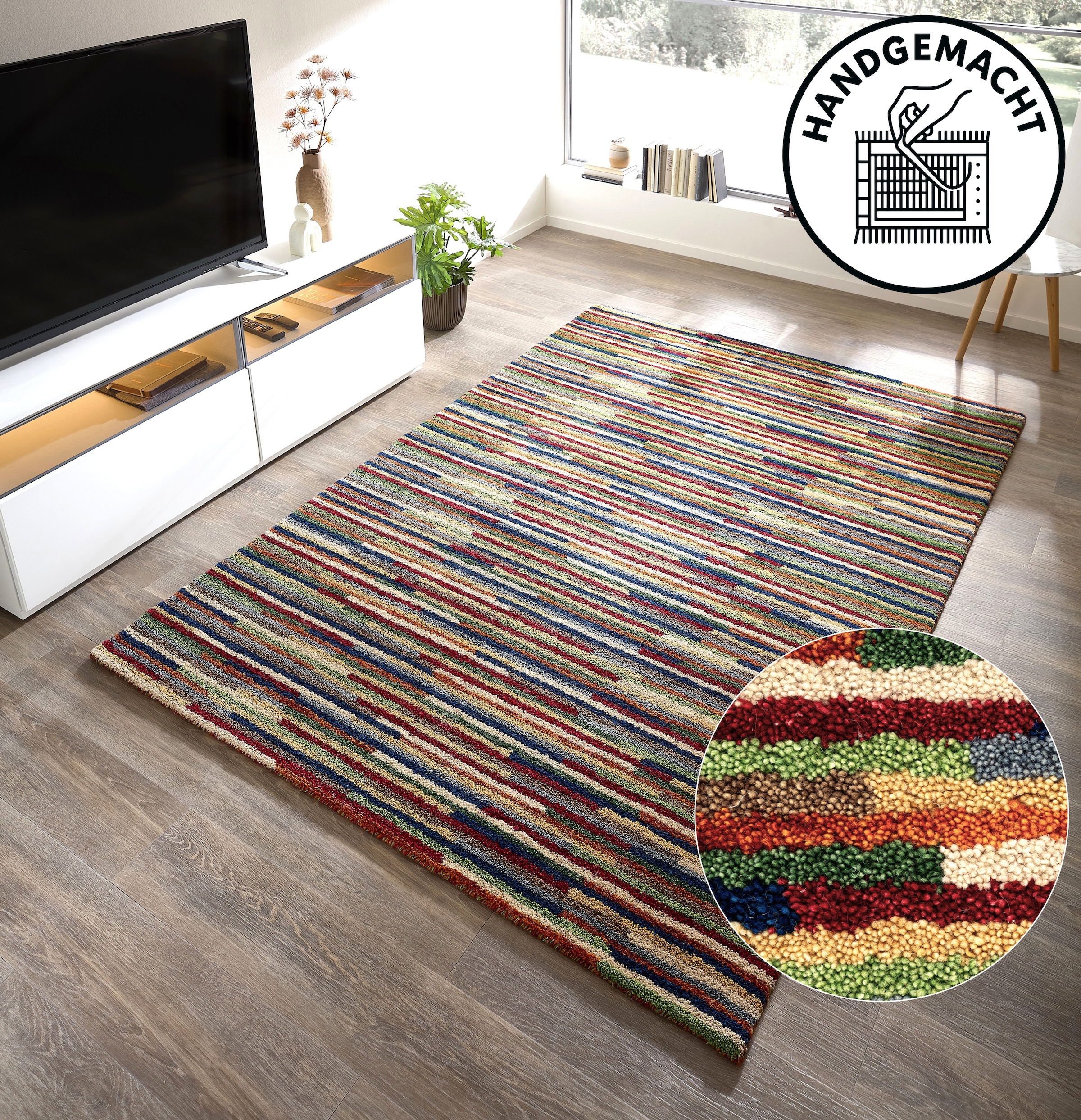 THEKO Wollteppich "Gabbeh Multi, Handgefertigt, Teppich, meliert, reine Wolle," rechteckig 15 mm Höhe Wohnzimmer, Schlafzimmer, Esszimmer