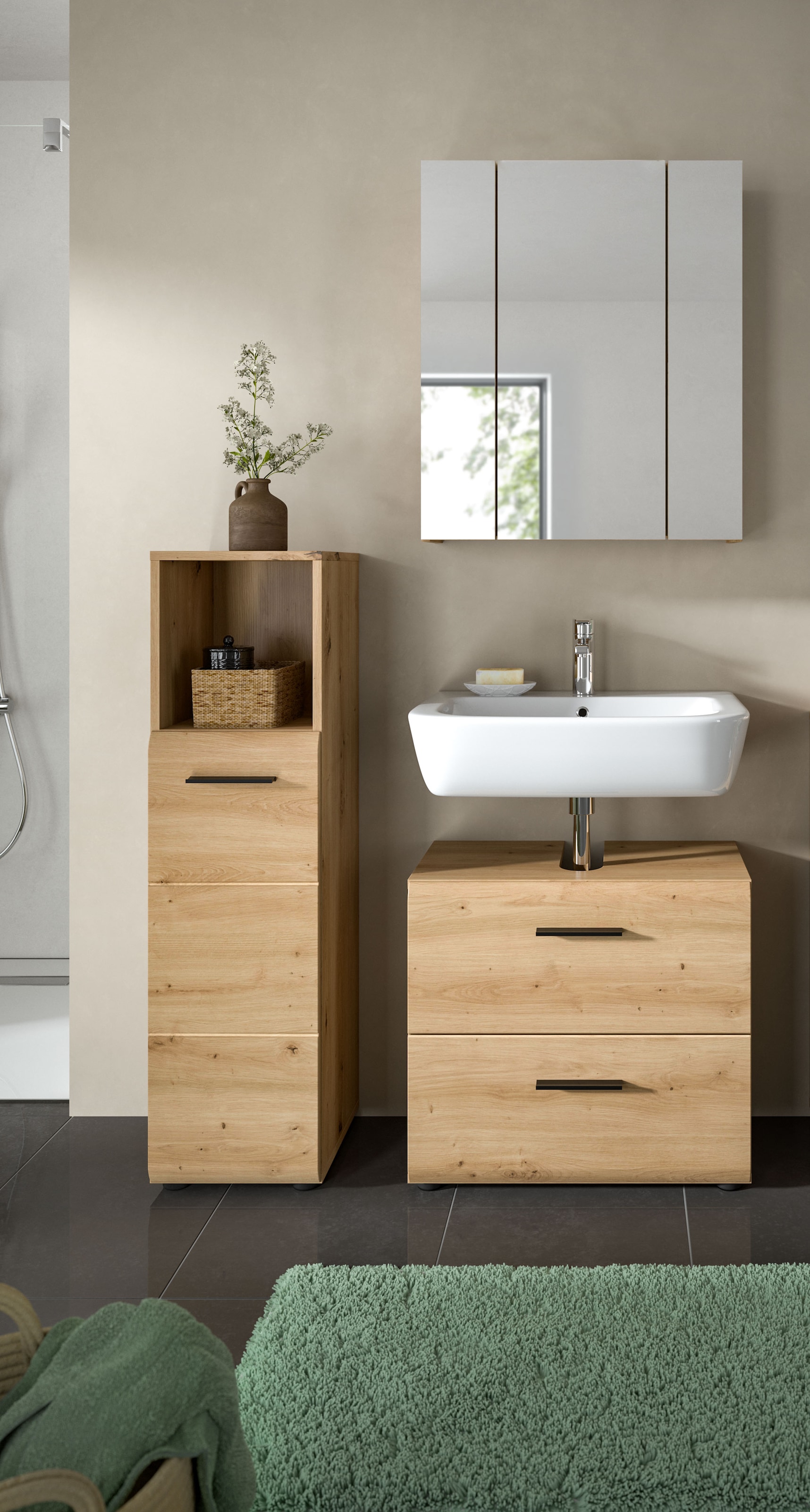 INOSIGN Badmöbel-Set »FLORENZ, TOPSELLER!, 3-teilige Badkombination, hochwertige MDF-Front«, (Set, 3 St., best. aus: Midischrank hoch, Waschbeckenunterschrank, Spiegelschrank), Florenz, Badkombination 3-tlg., Artisan Oak NB, Standschrank