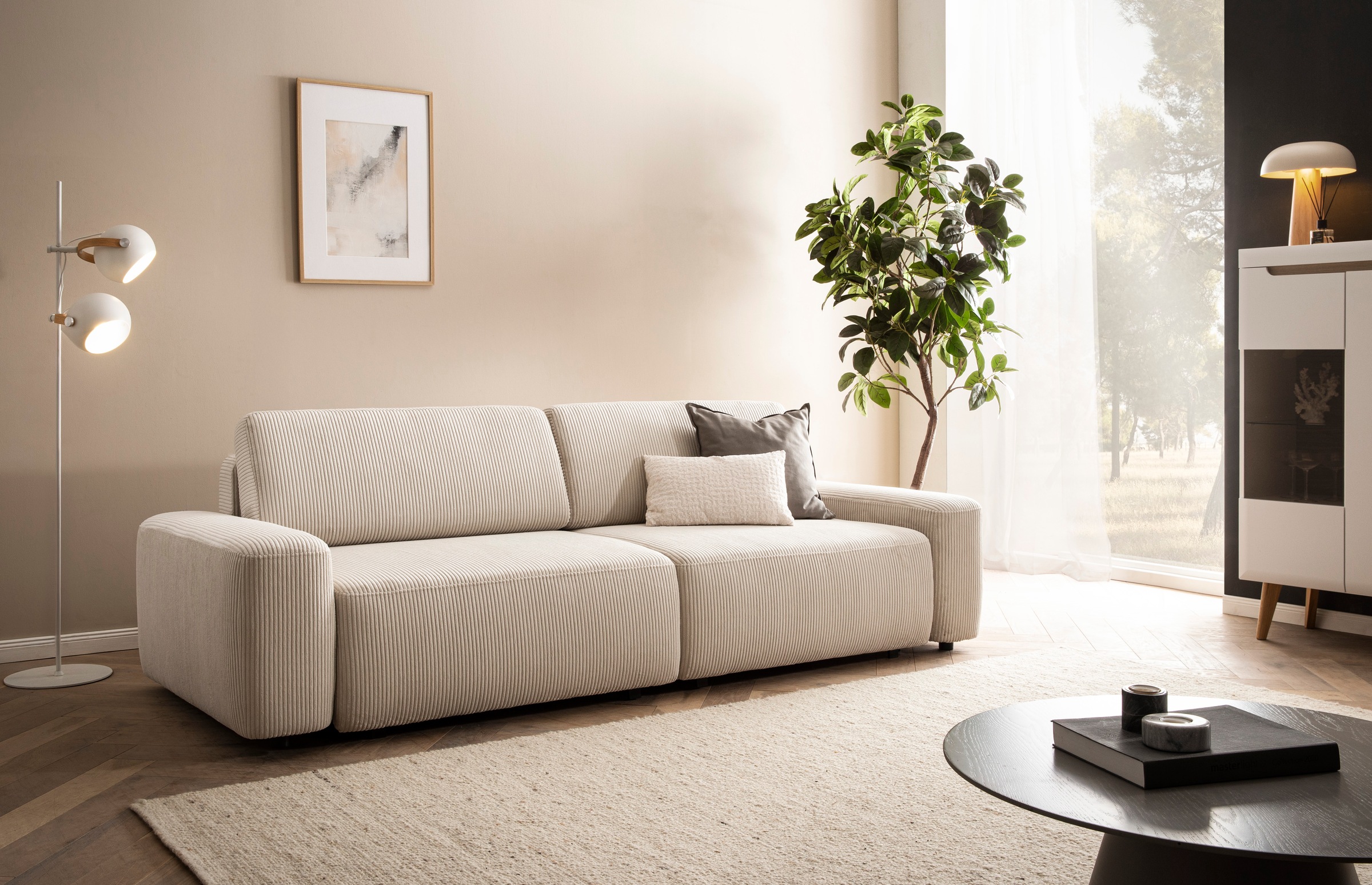 INOSIGN 3-Sitzer »TORGE (257cm), Sofa,Schlafsofa in Cord, Samtvelours, Struktur fein«, rundes Design, Schlaffunktion u. Bettkasten, Liegefläche: 135/200 cm