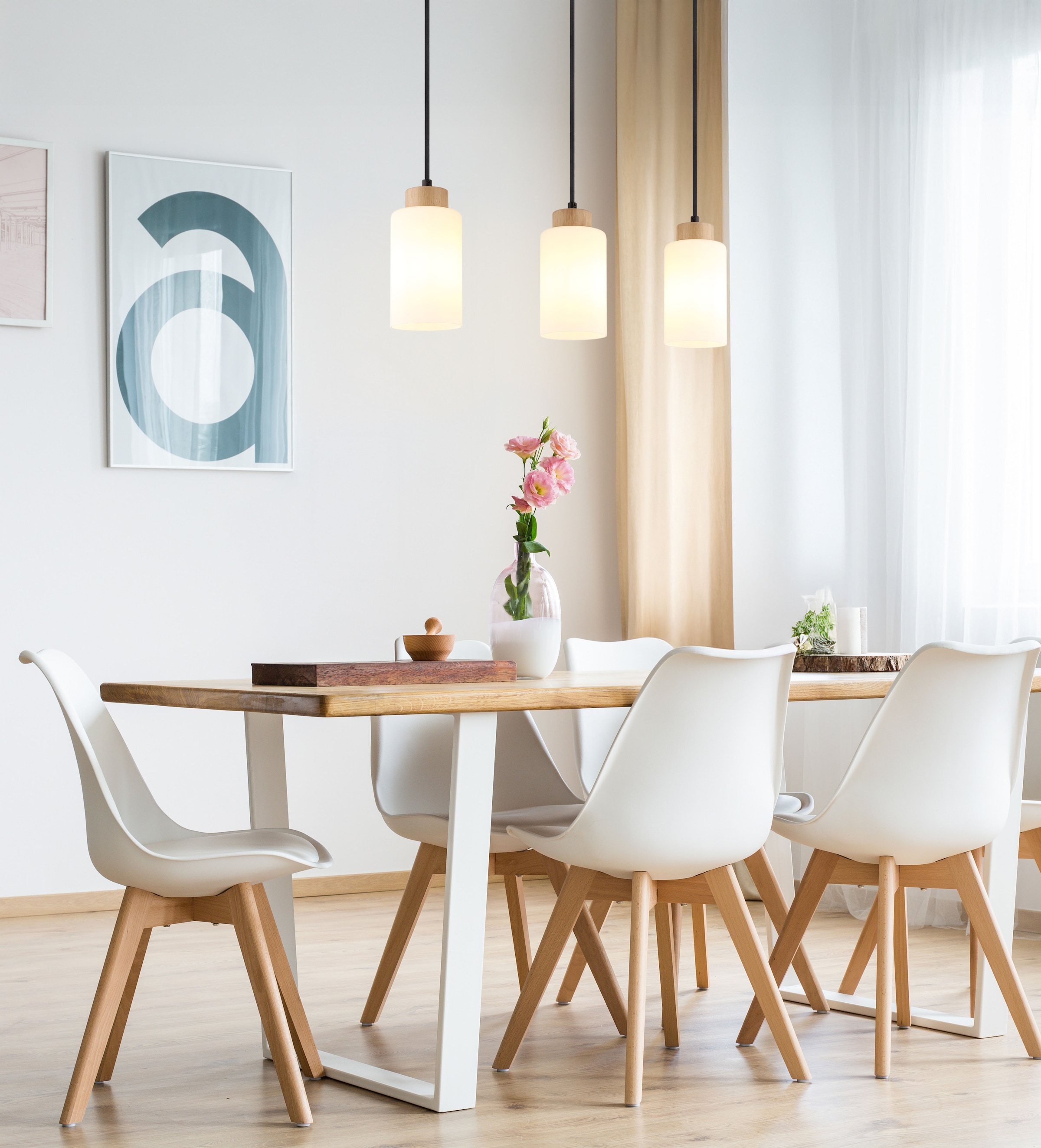 GLOBO LIGHTING Hängeleuchte »ROWENA« E27 1 Stk. Holz-Pendelleuchte breit, Opalglas, E27, kürzbar