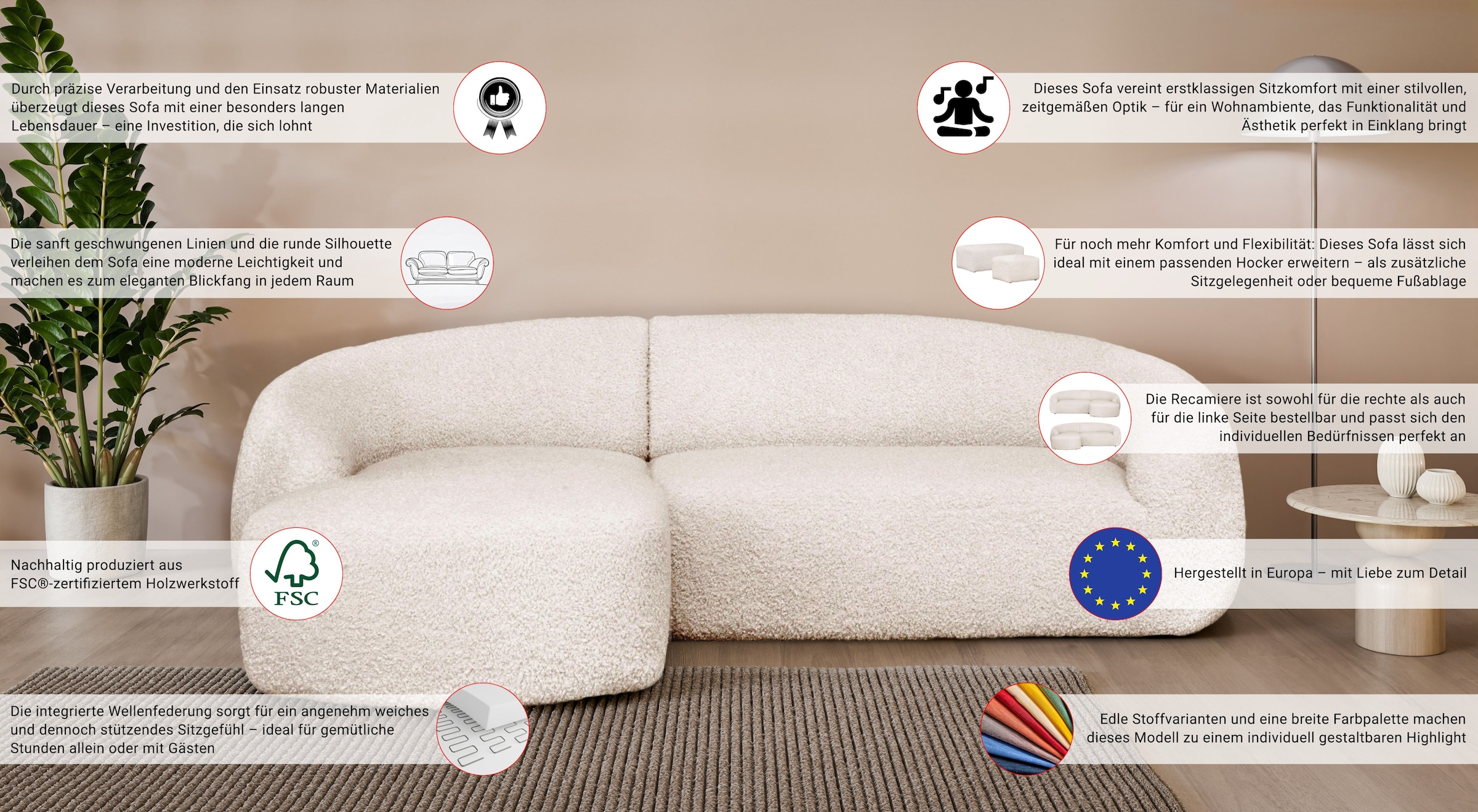 LeGer Home by Lena Gercke Ecksofa »YANI, L-Form, Designersofa, organische Form, Maße B/T/H: 255/170/81 cm«, mit Wellenunterfederung, auch in Bouclé, Recamiere rechts/links