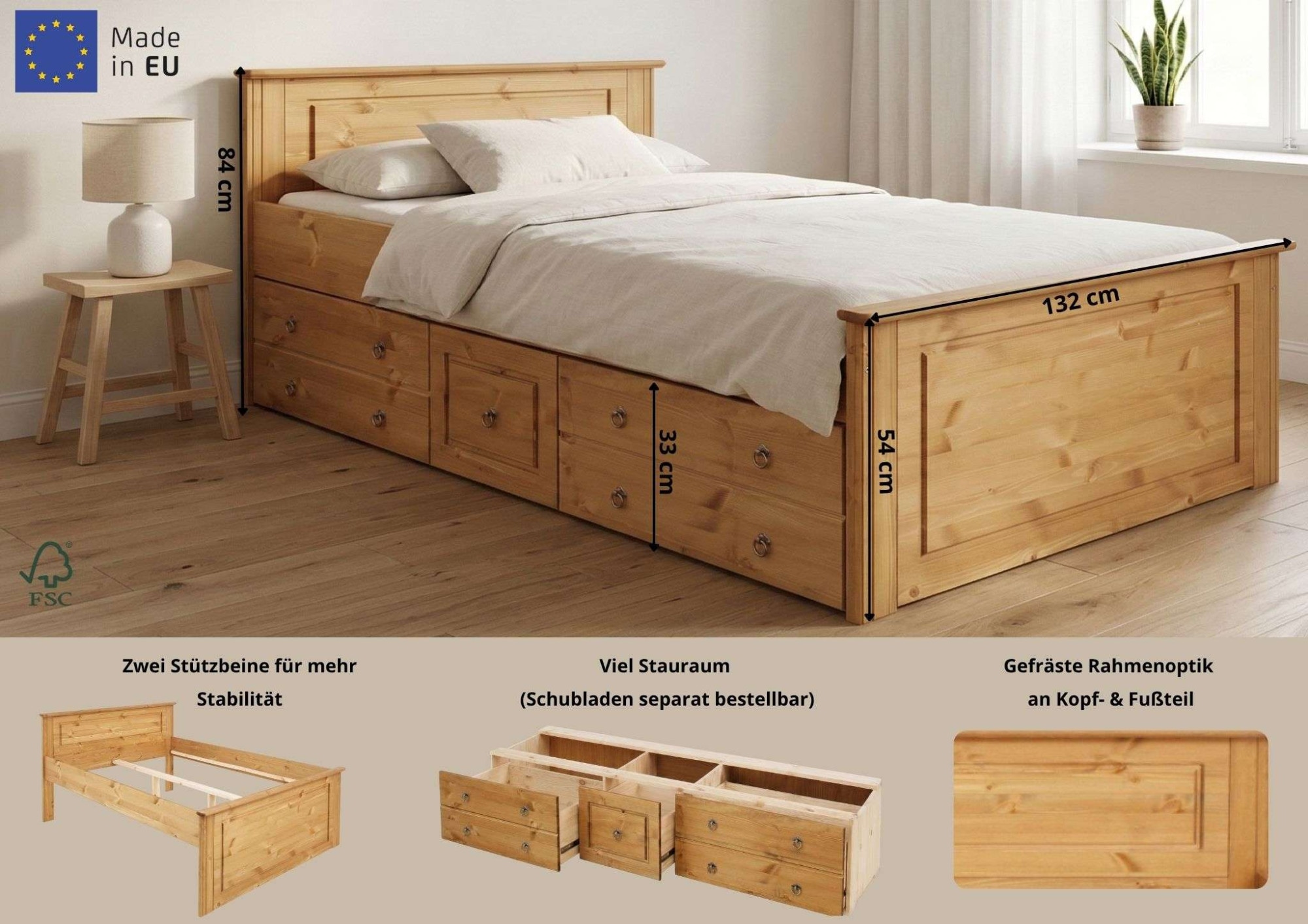 OTTO home Massivholzbett »Hugo, FSC® zertifiziert, Landhausstil, zeitlos und edel« auch als Super Sparset inklusive Schubkästen,  Stauraumbett, extra belastbar, Made in EU, viele Breiten