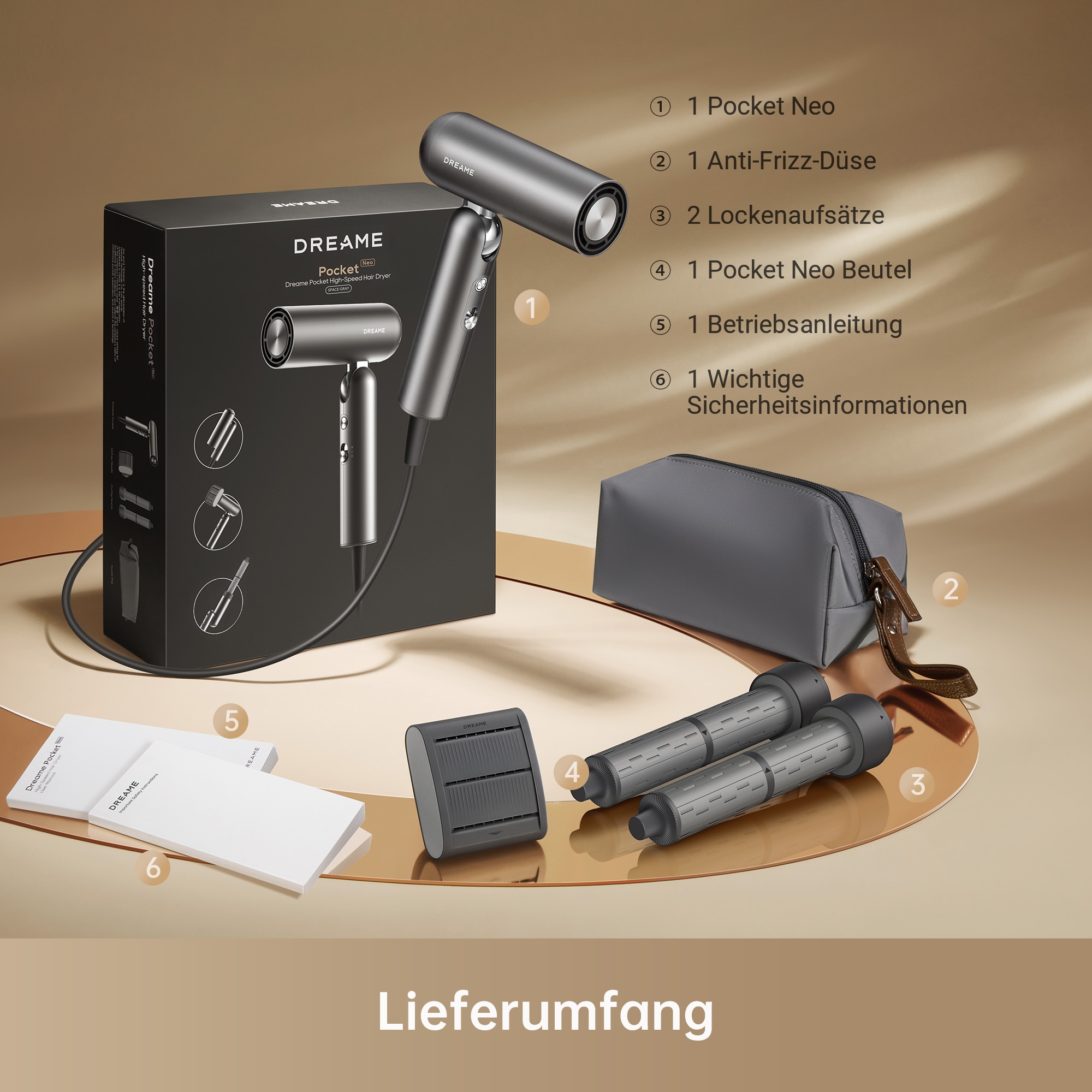 Dreame Haartrockner »Pocket Neo Hochgeschwindigkeits-Haartrockner«, 1300 W, 2 Aufsätze, Kompakt & klappbar, vielseitige Aufsätze, 110.000 U/min