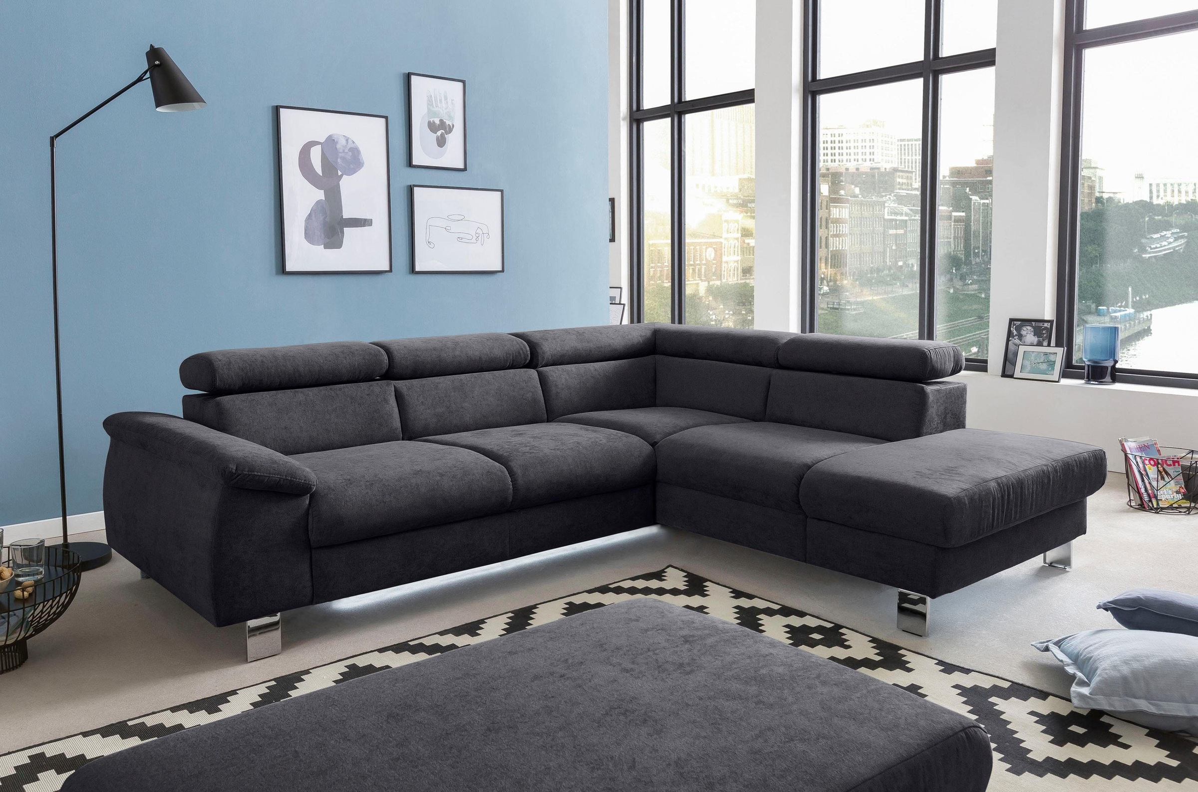 COTTA Ecksofa »Komaris L-Form mit Kopfteilverstellung«, wahlweise mit Bettfunktion, Bettkasten & Beleuchtung