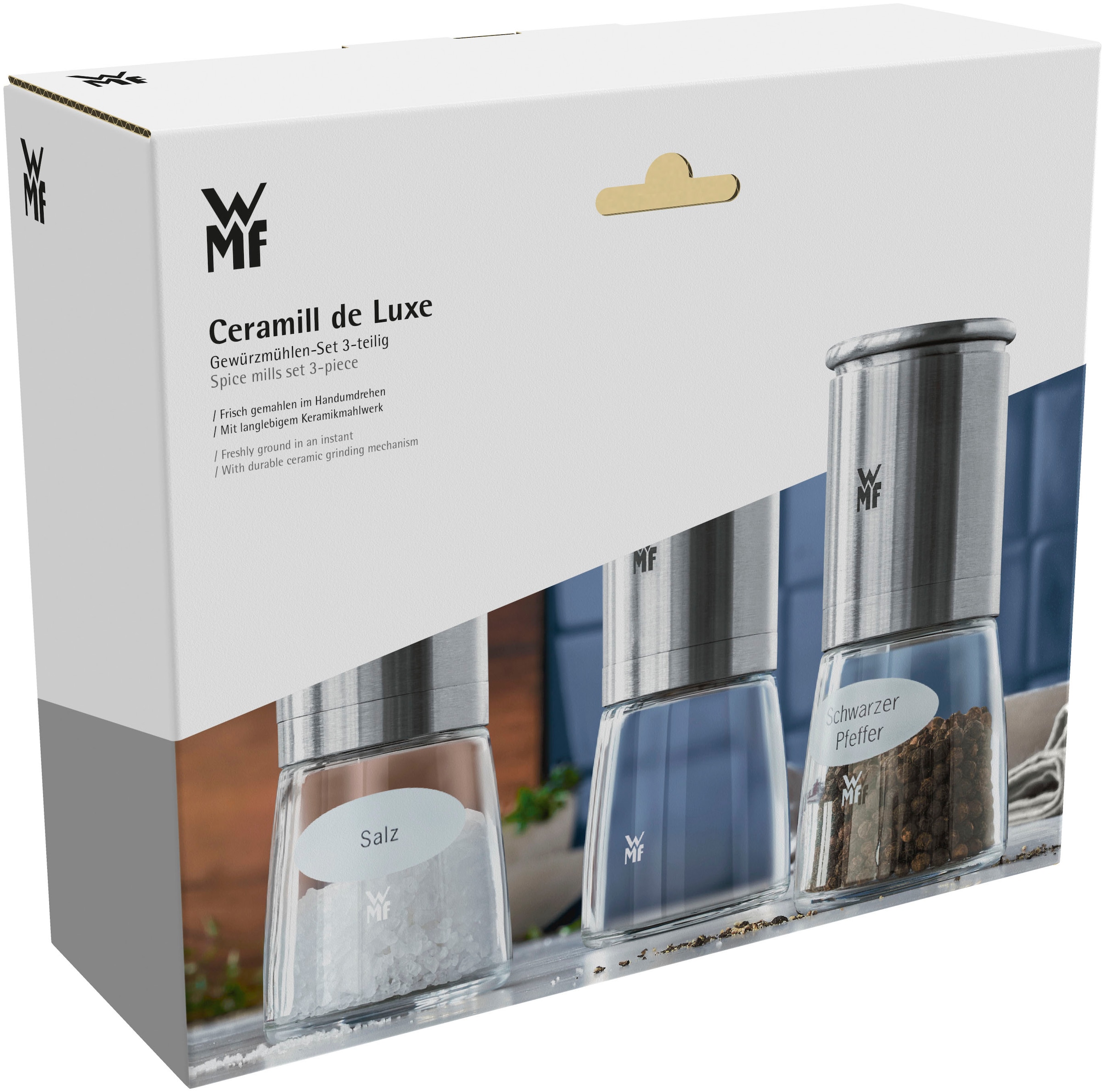 WMF Gewürzmühle »De Luxe«, (3 St.), Keramikmahlwerk, stufenlos einstellbare Mahlstärken grob/fein