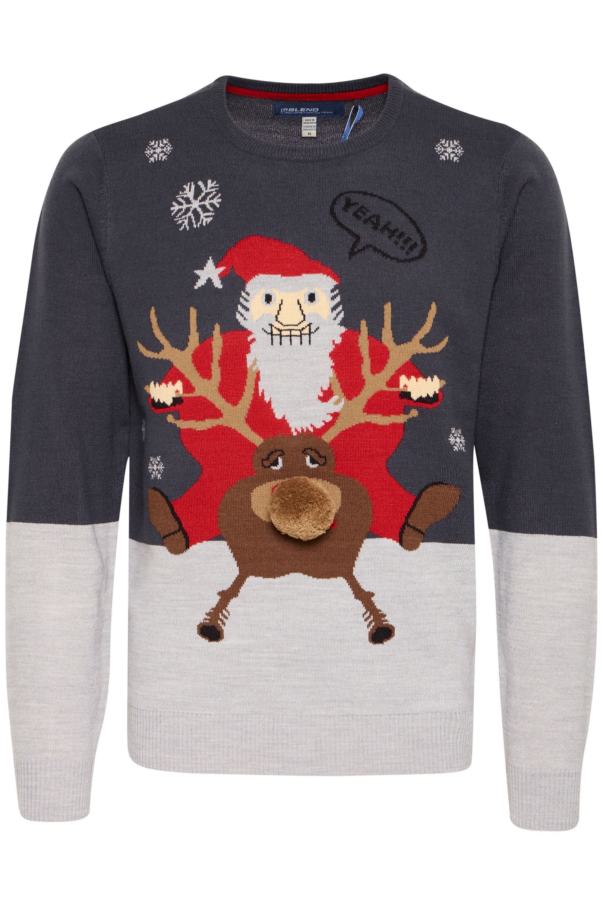 Strickpullover BLEND "BHRudolph", Jungen, Gr. L, blau (schwarz navy, santa), Feinstrick, 100% Polyacryl, regular fit, ohne Ausschnitt, eingesetzt, Pullover Strickpullover, Strickpullover mit Weihnachtsmotiv