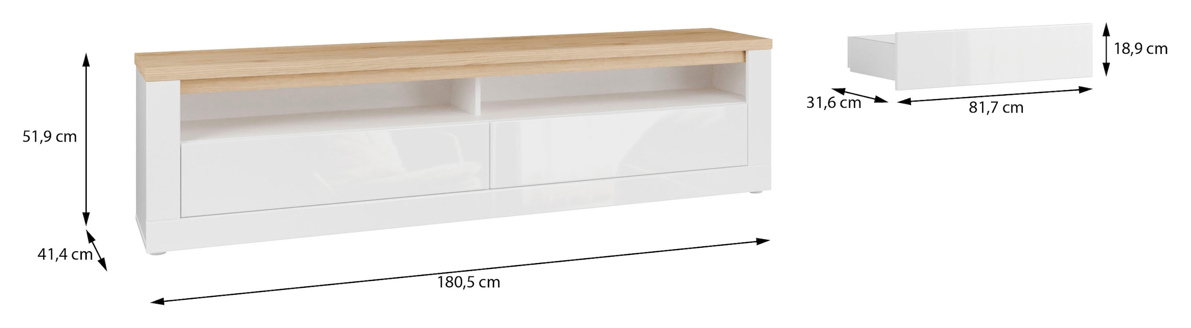 FORTE TV-Board »TV-Schrank, grifflos, offene Fächer« B/H/T 181,1/48,2/41,6 cm, Front glänzend