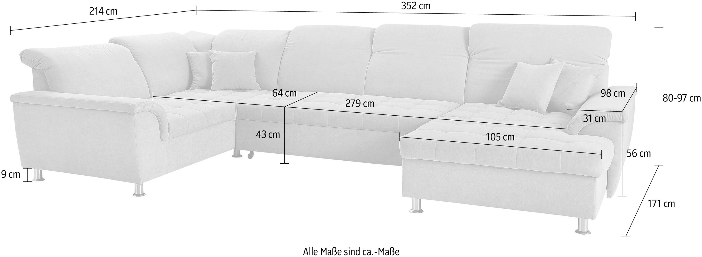 DOMO collection Wohnlandschaft »Franzi optional mit Bettfunktion, Bettkasten & Kopfteilverstellung«, XXL-Sofa, U-Form, belastbar bis 140kg/Sitz, dunkelgrau, Breite: 352cm
