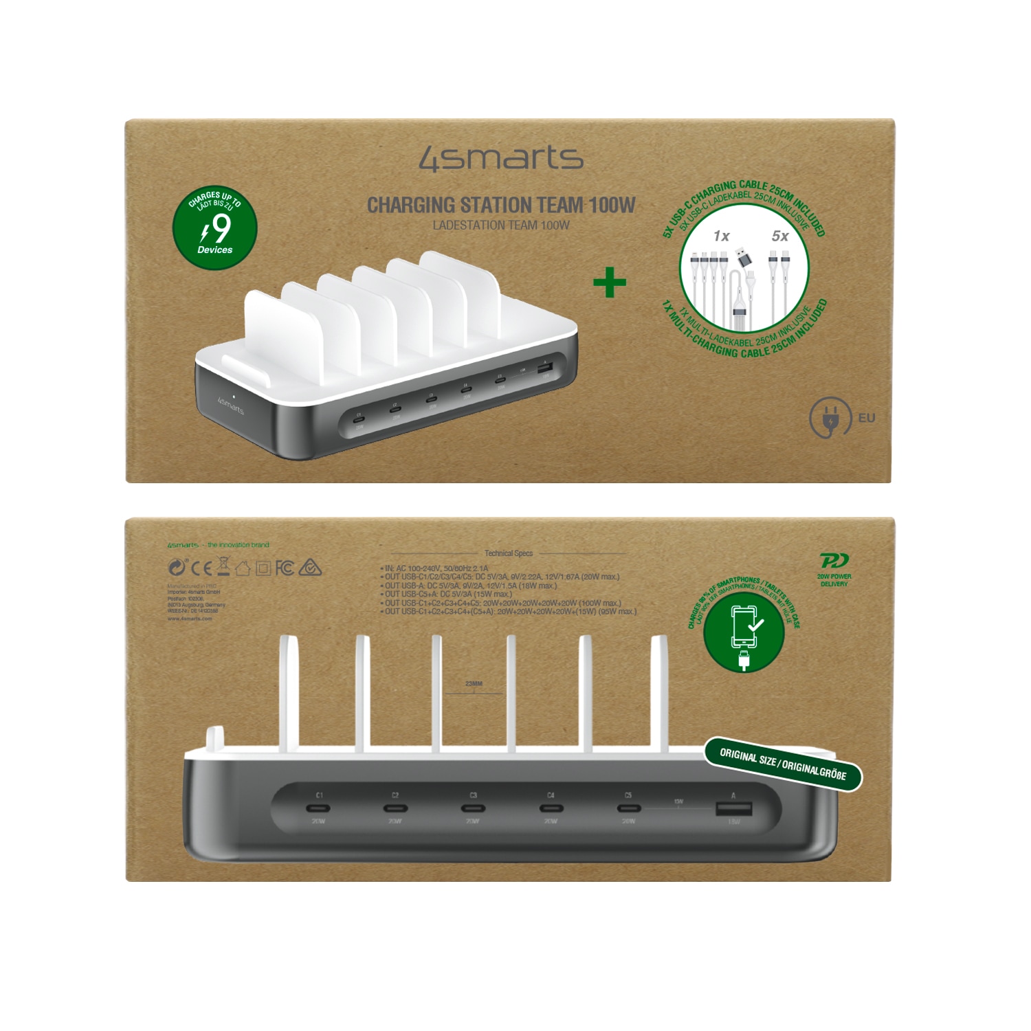 4smarts USB-Ladegerät »Team 100W 5x USB-C + 1x USB-A inklusive 6 Kabel«, bis zu 9 Geräte gleichzeitig laden