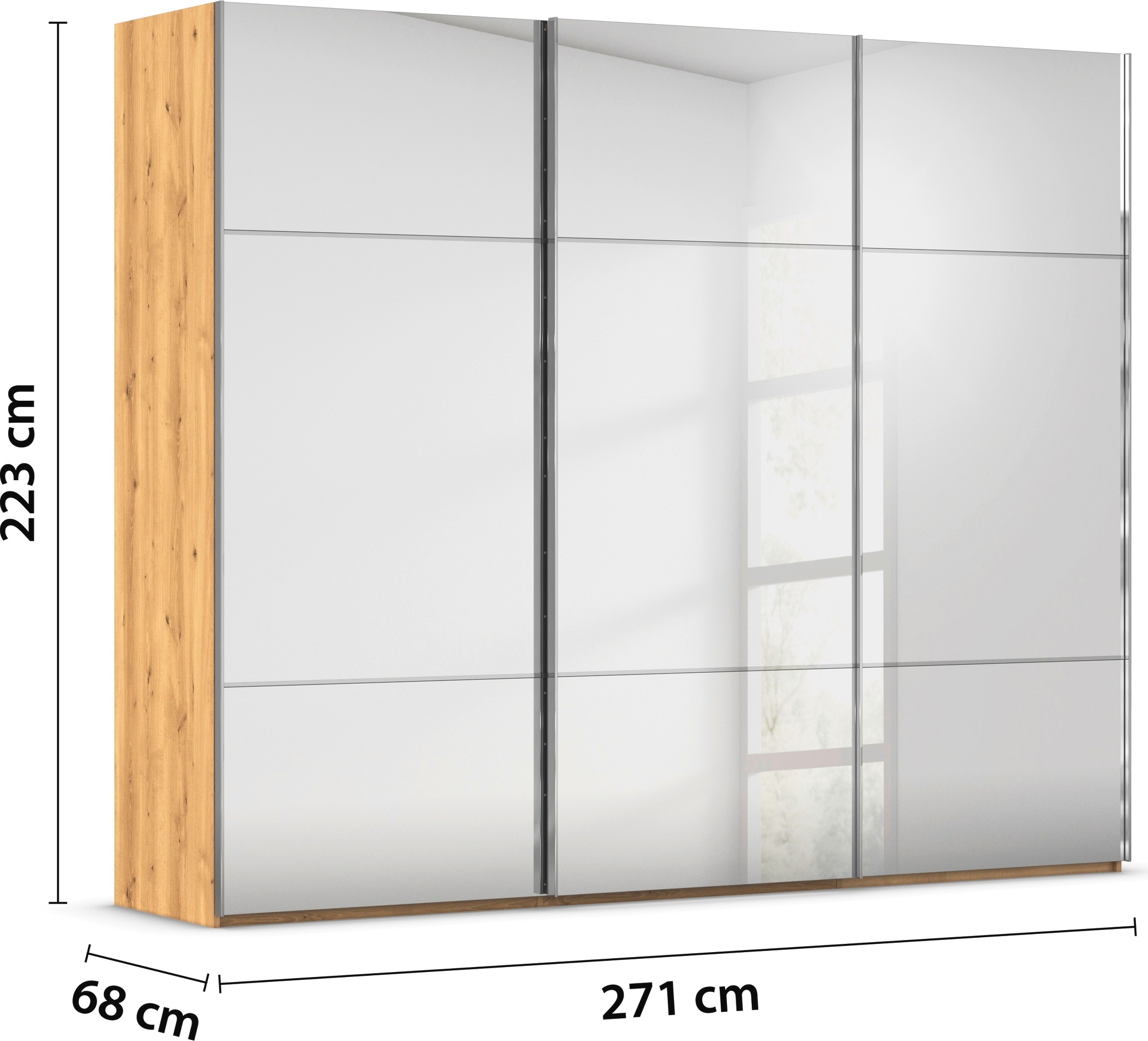 rauch Schwebetürenschrank »Kleiderschrank Schrank Garderobe Schlafzimmerschrank SCALE-TRIO«, edle dreigeteilte Front mit 2 Zierleisten Spiegelfront MADE IN GERMANY
