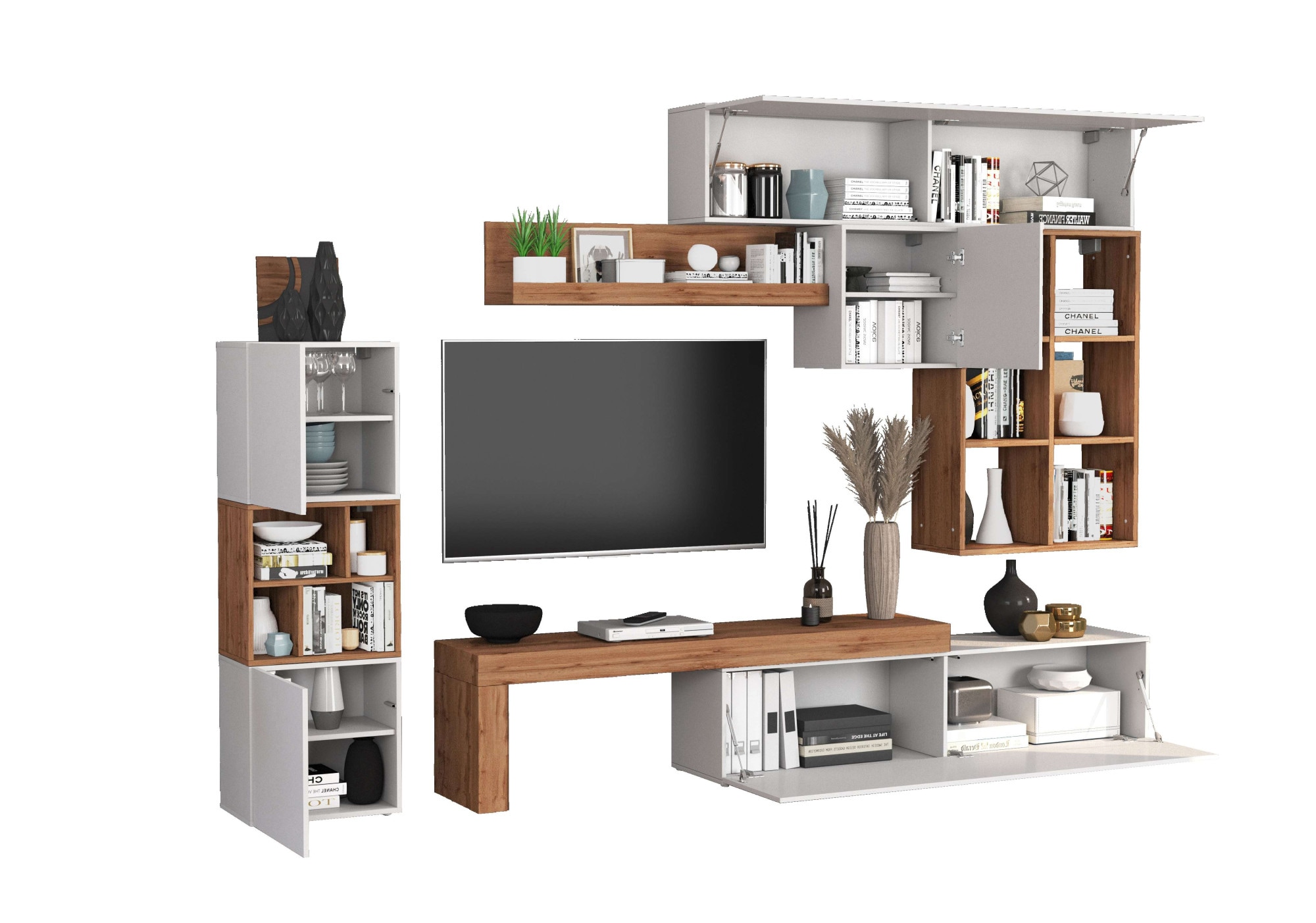 INOSIGN Wohnwand »Chronos Wohnwand, Medienwand, 8-er set«, (Set, 8 St.), ca. 320 cm mit Hängeschränke, Würfel, Regal, Lowboard, Made in Italy