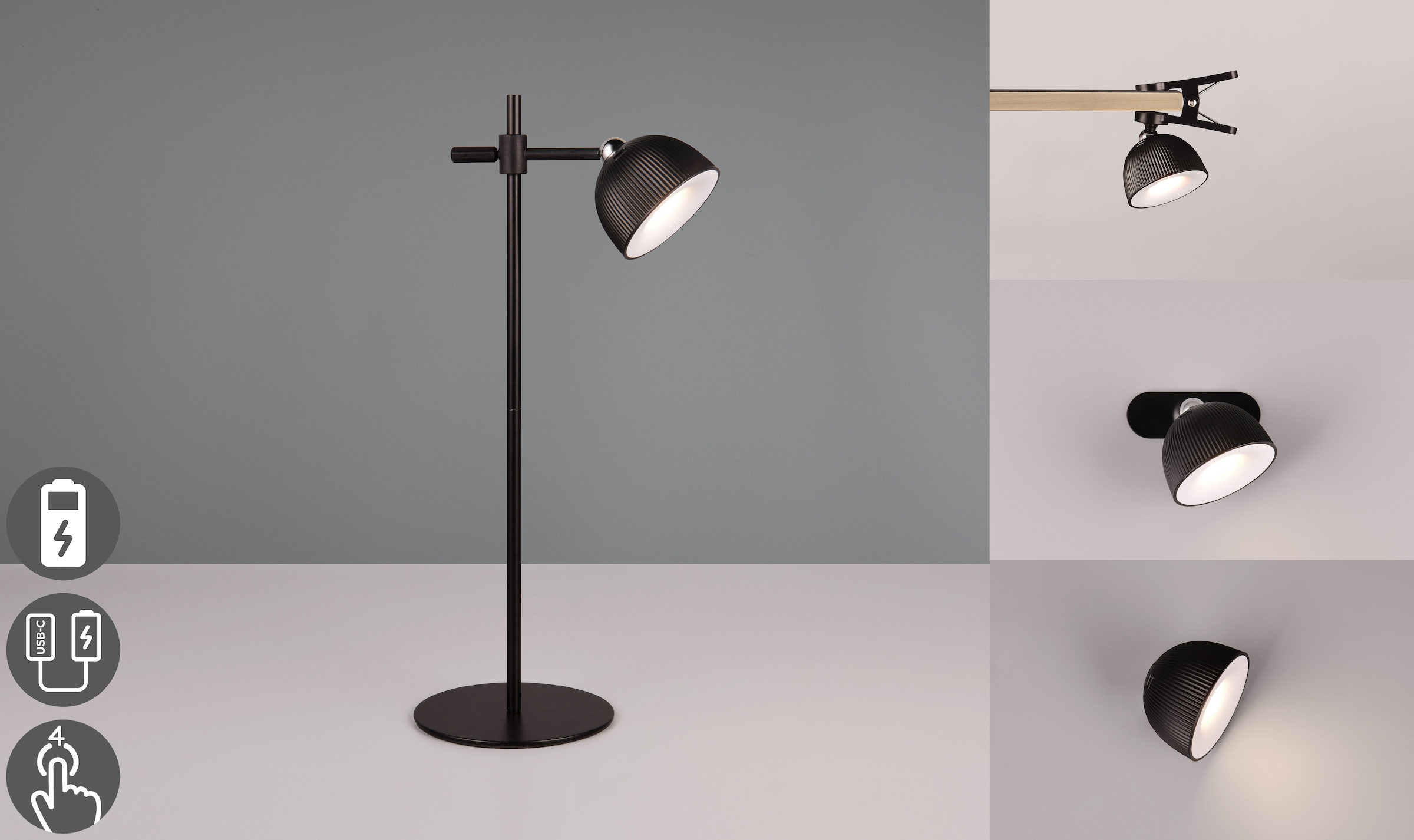 REALITY Leuchten LED Tischleuchte »MAXIMA« LED-Board 1 Stk. Warmweiß kabellose Akku Tischlampe mit Magnet-Kopf: 3 Befestigungsarten wählbar