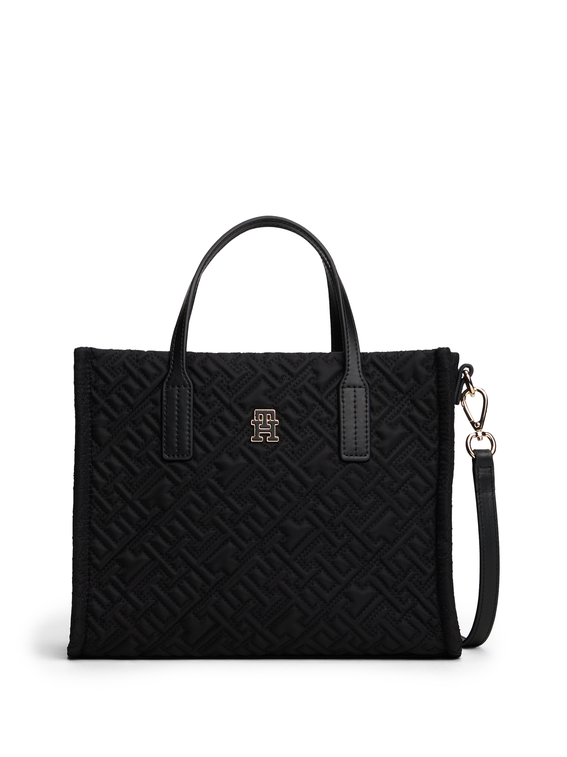 Tragetasche TOMMY HILFIGER "TH CITY MINI TOTE MONO NYLON", Damen, Gr. B/H/T: 27cm x 21,5cm x 10,5cm, schwarz, Textil, Taschen, Damen Schultertasche, Businesstasche mit TH-Logoprägung
