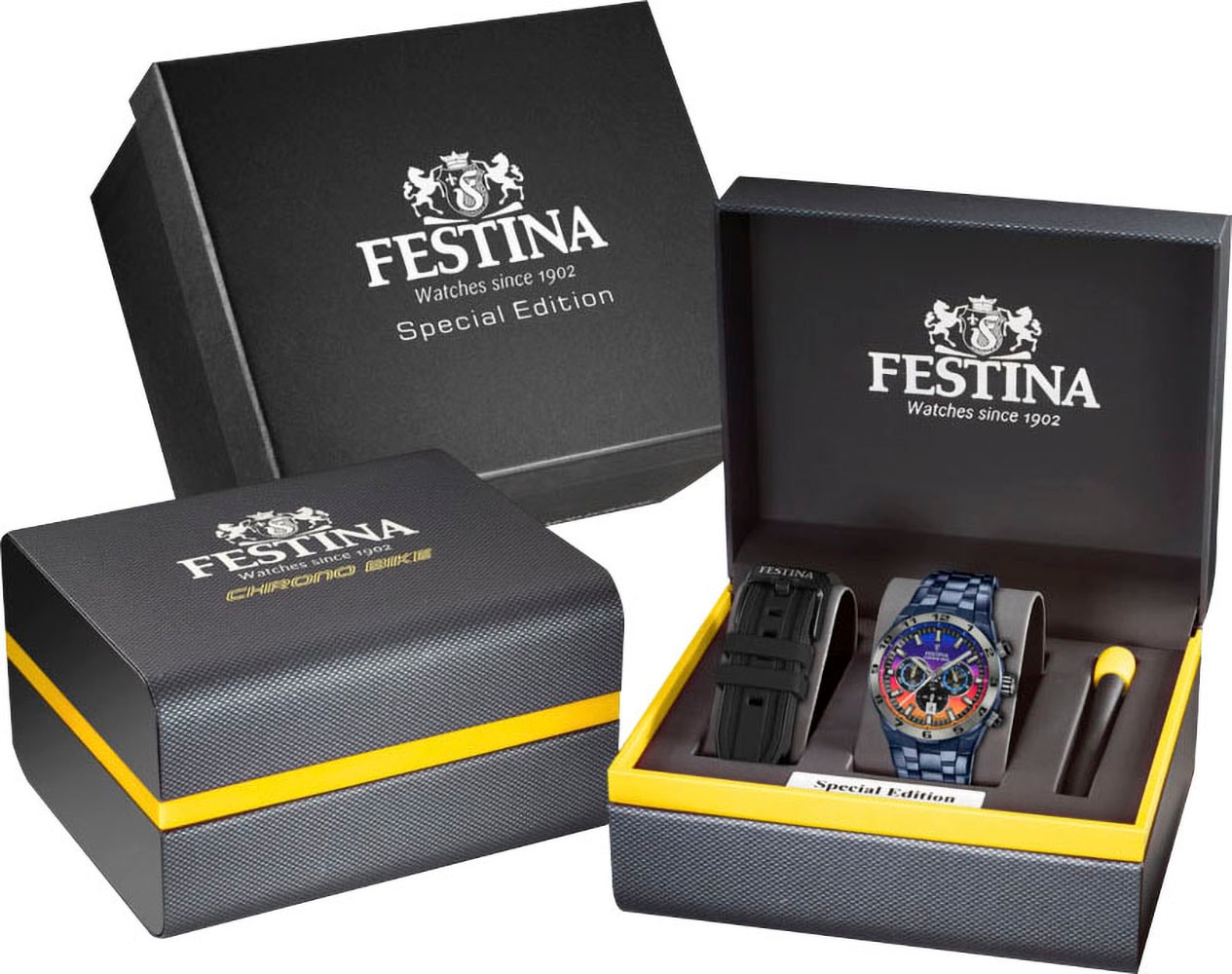 Festina Chronograph »Chrono Bike Special Edition«, (Set, 3 tlg., mit Wechselband und Werkzeug), Quarzuhr, Armbanduhr, Herrenuhr, Edelstahlarmband